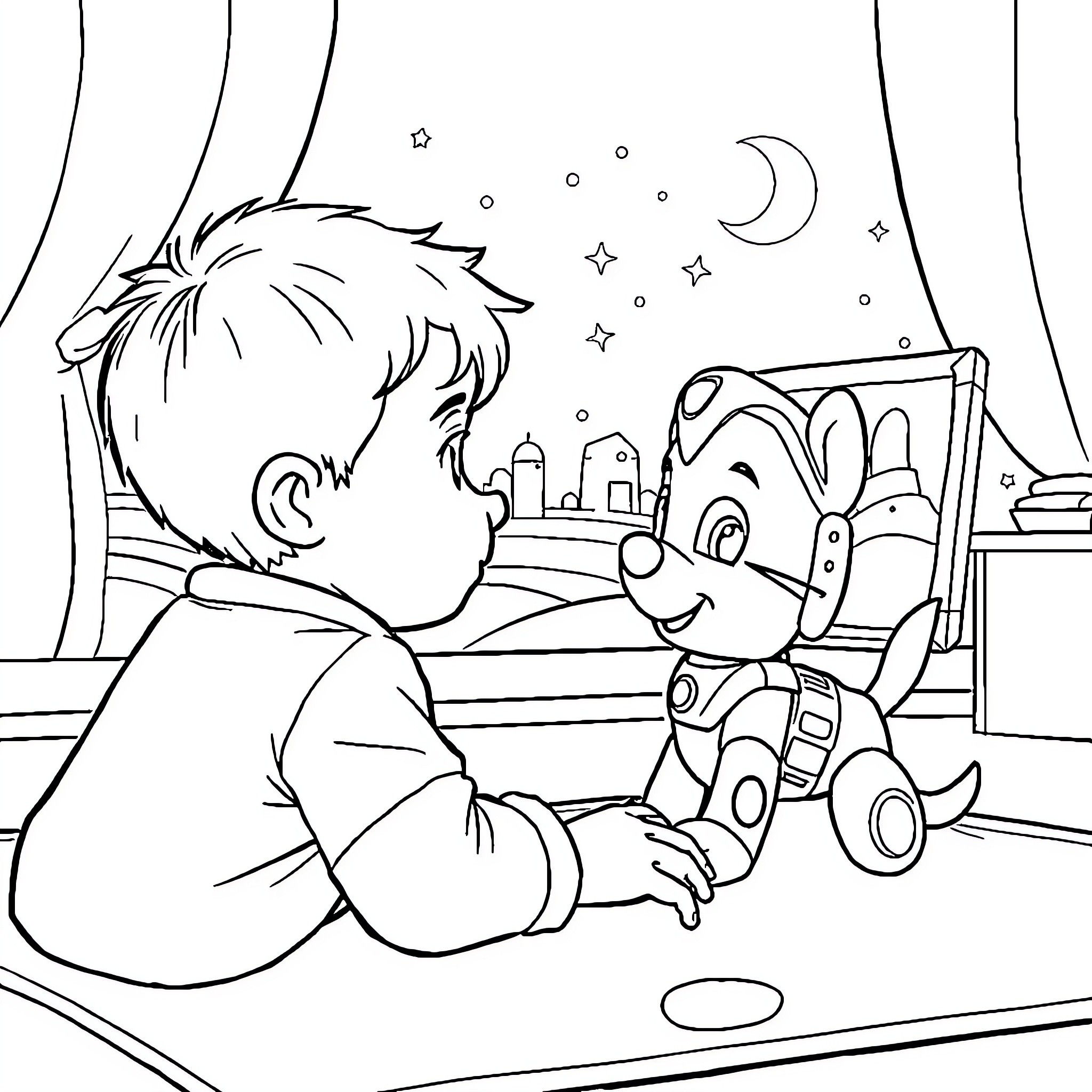 Patrol robot comforting a young child at night Coloring Page (free black-and-white line drawing printable PDF for all, from beginners to advanced learners, including children, teens, adults, and seniors)