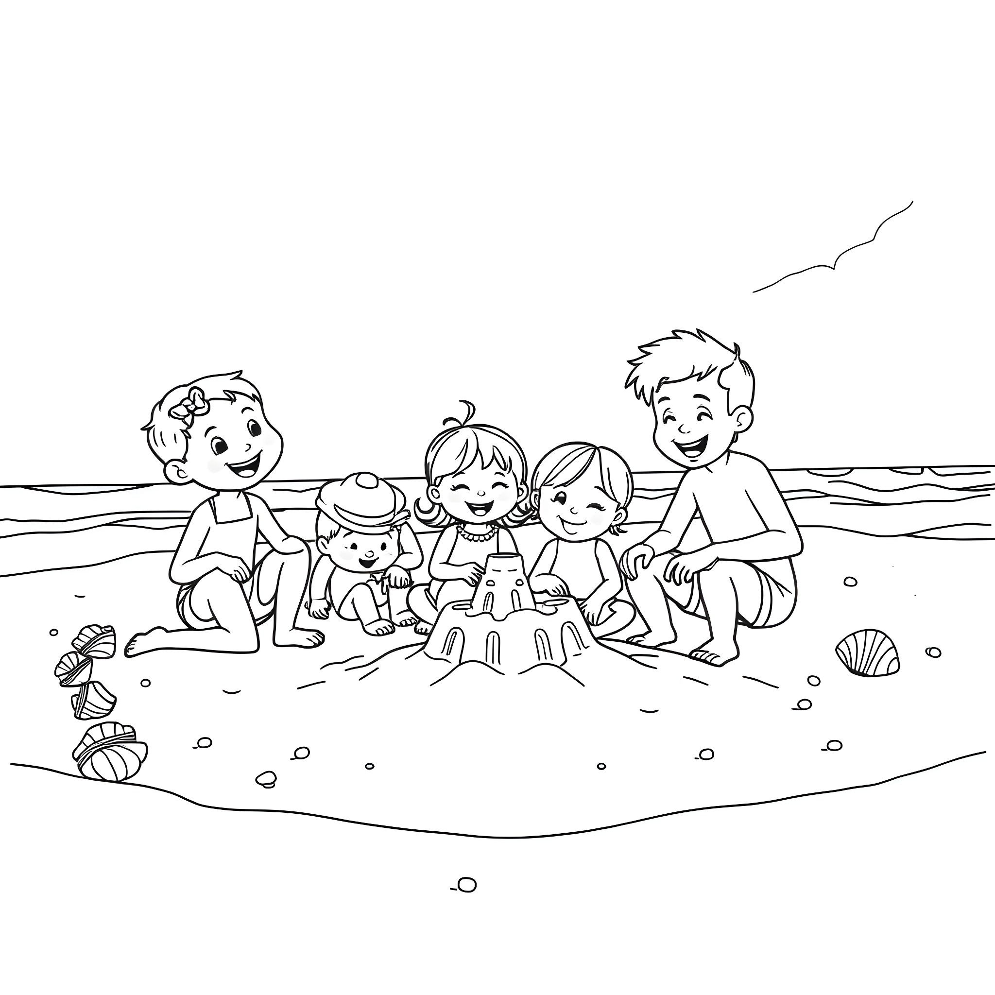 Family enjoying beach activities together Coloring Page (free black-and-white line drawing printable PDF for all, from beginners to advanced learners, including children, teens, adults, and seniors)