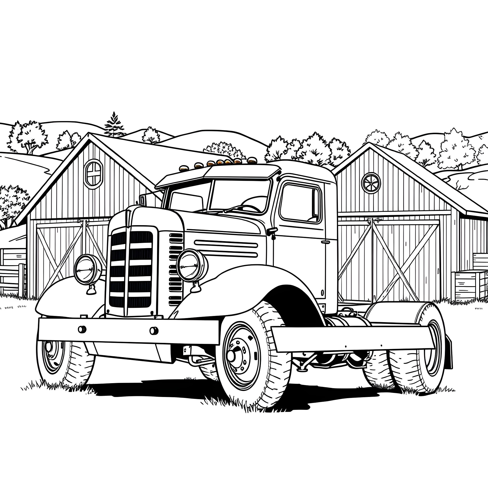 Truck working on the farm with barns Coloring Page (free black-and-white line drawing printable PDF for all, from beginners to advanced learners, including children, teens, adults, and seniors)