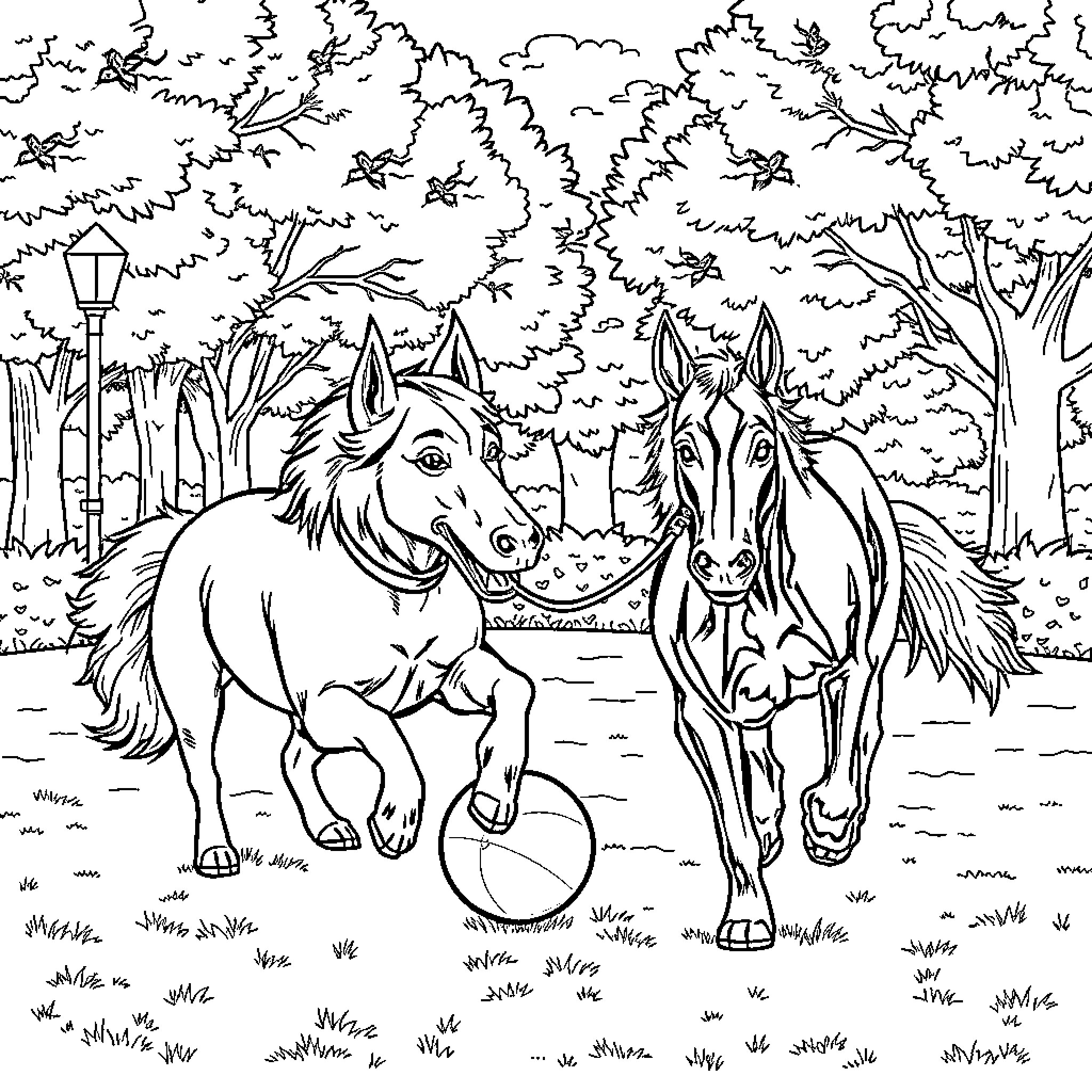 Dog friends enjoying a day in the park Coloring Page (free black-and-white line drawing printable PDF for all, from beginners to advanced learners, including children, teens, adults, and seniors)