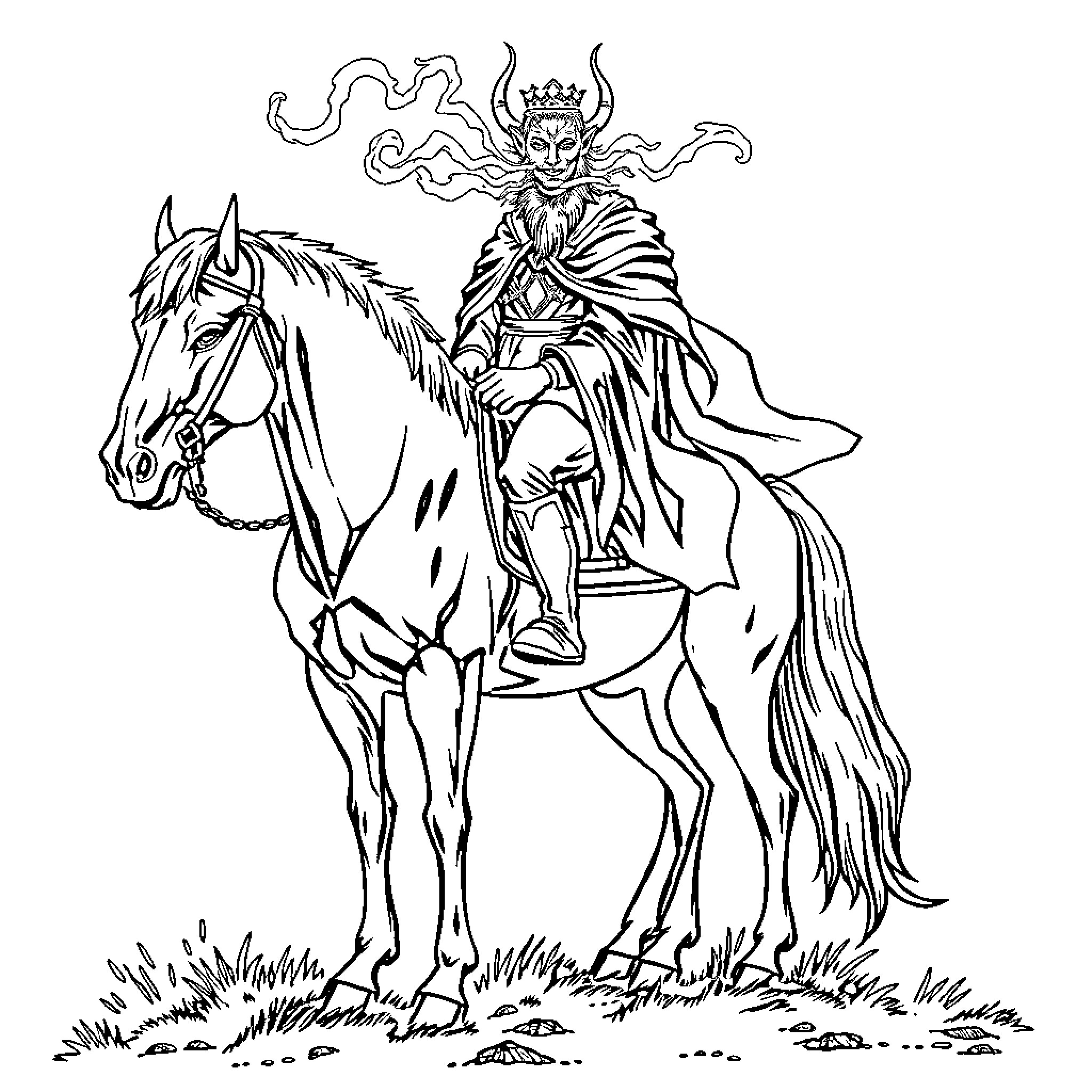 Horse and Majestic Warrior on Horseback Coloring Page (free black-and-white line drawing printable PDF for all, from beginners to advanced learners, including children, teens, adults, and seniors)