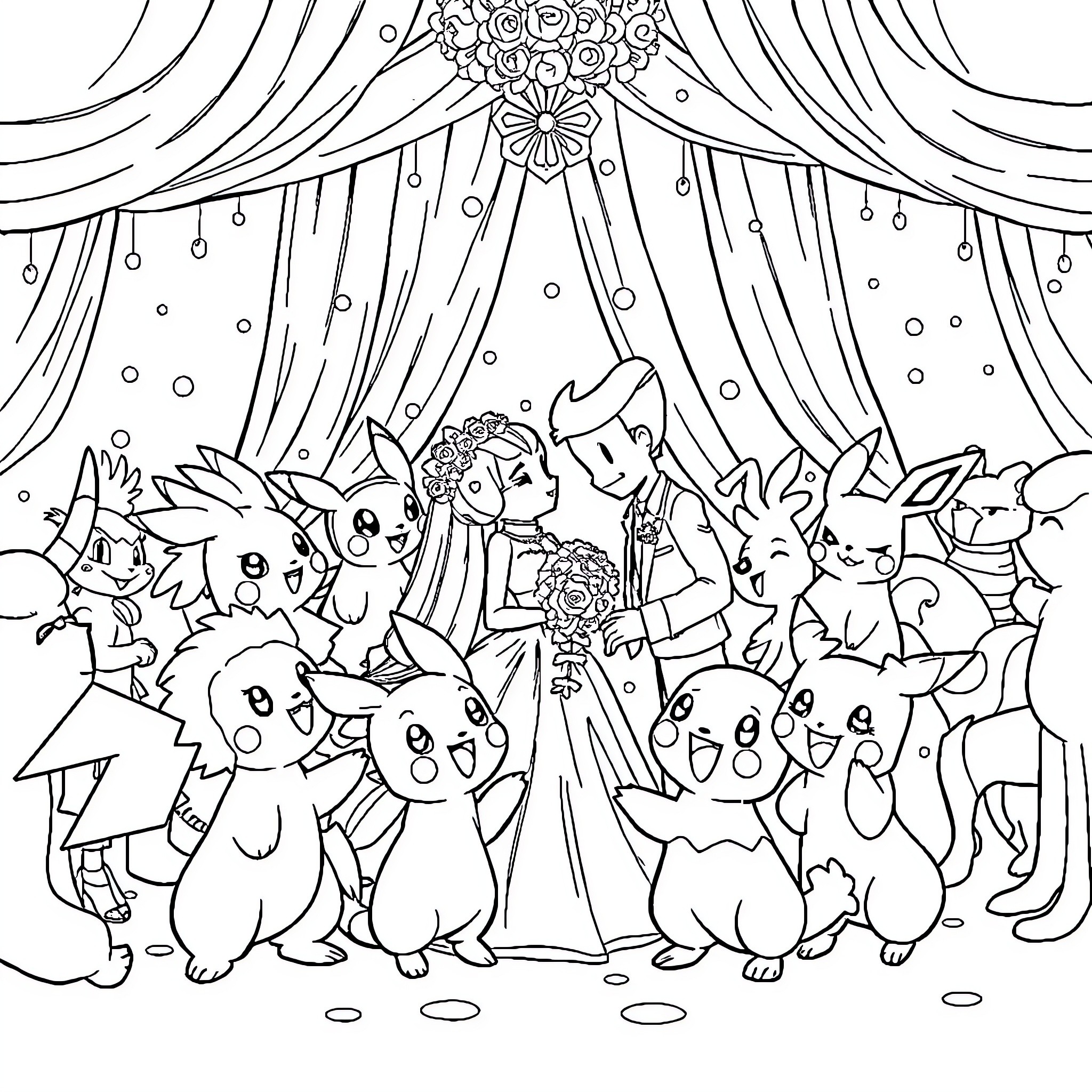 Pokémon characters in a theatrical performance Coloring Page (free black-and-white line drawing printable PDF for all, from beginners to advanced learners, including children, teens, adults, and seniors)