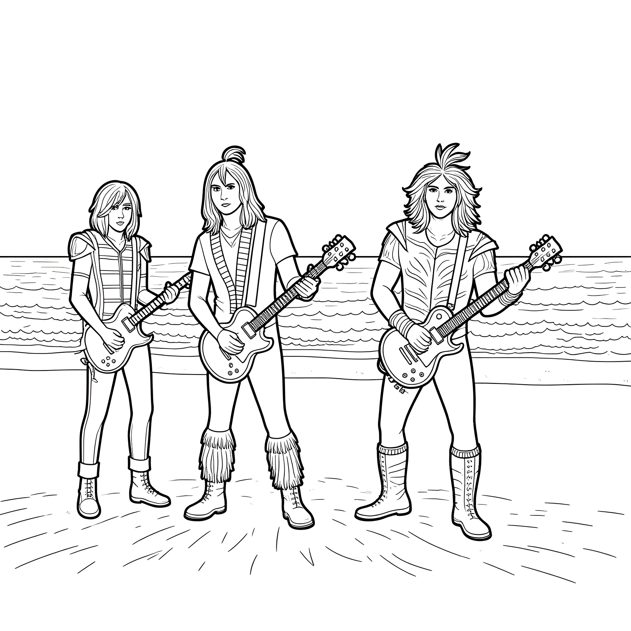 Kiss of the Rock Band on the Beach Coloring Page (free black-and-white line drawing printable PDF for all, from beginners to advanced learners, including children, teens, adults, and seniors)