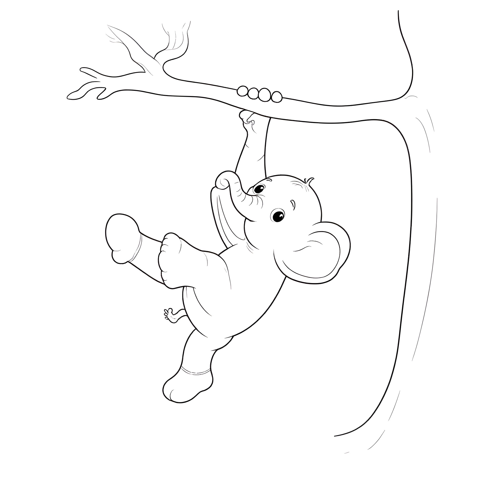 Elephant playfully swinging on a tree branch Coloring Page (free black-and-white line drawing printable PDF for all, from beginners to advanced learners, including children, teens, adults, and seniors)