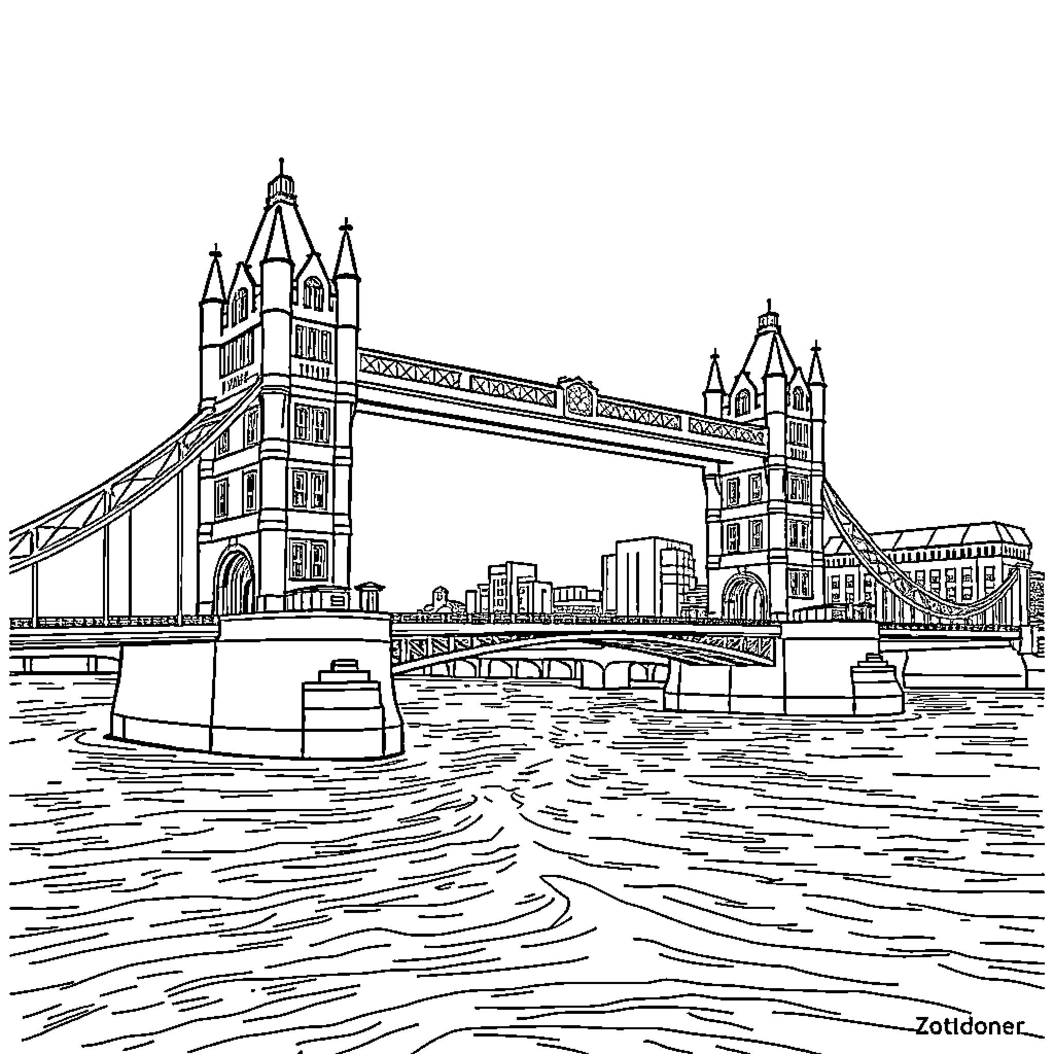 Tower Bridge crossing the River Thames Coloring Page (free black-and-white line drawing printable PDF for all, from beginners to advanced learners, including children, teens, adults, and seniors)