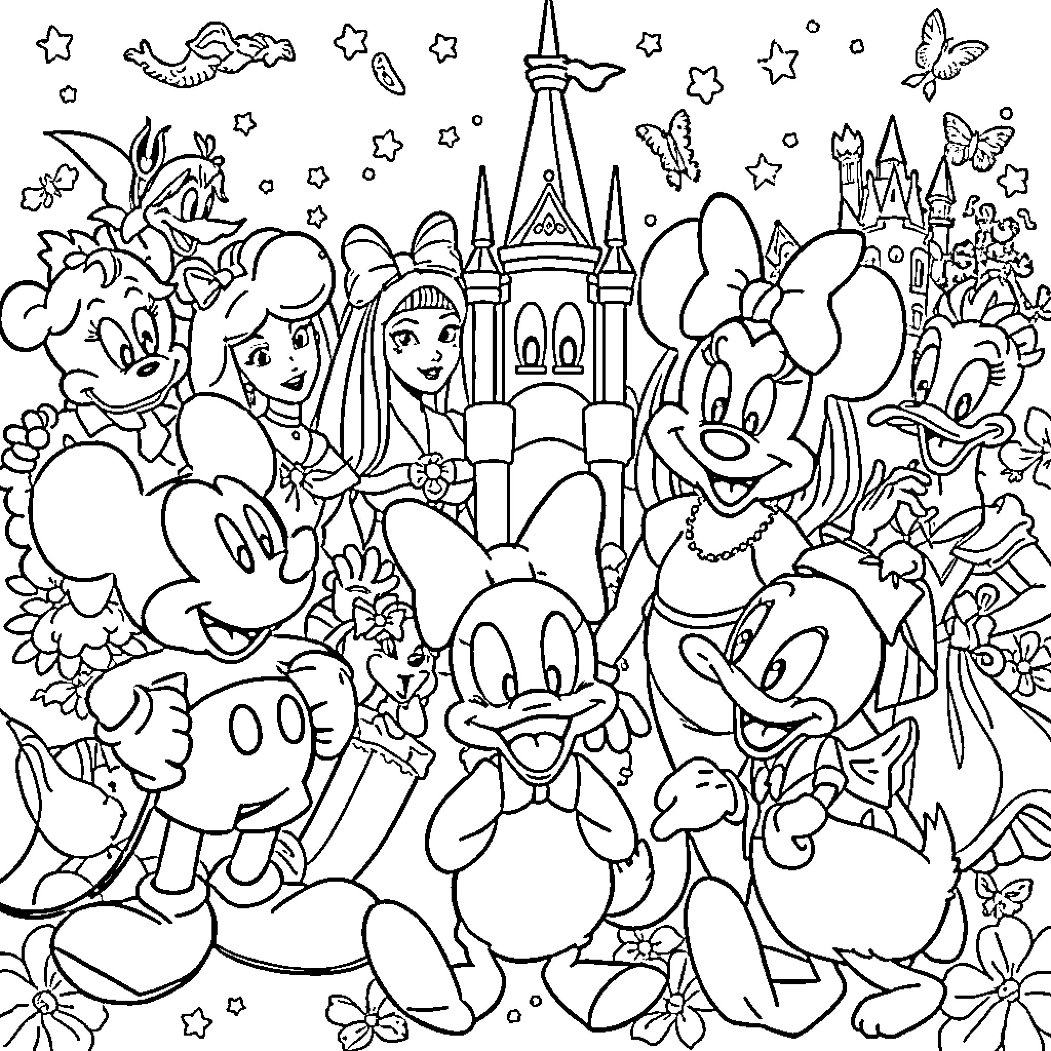 Disney Characters in a Whimsical Fantasy Scene Coloring Page (free black-and-white line drawing printable PDF for all, from beginners to advanced learners, including children, teens, adults, and seniors)