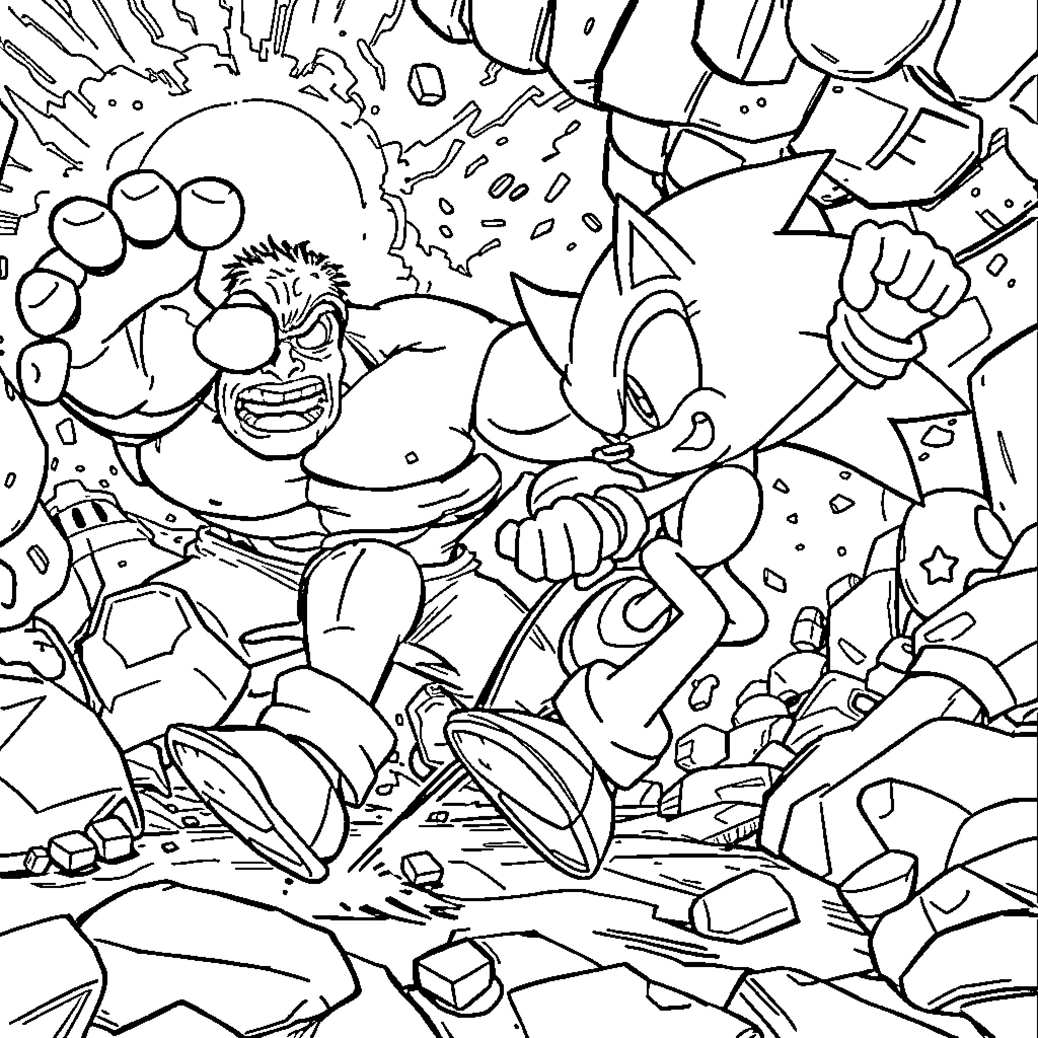 Sonic in an intense action scene with enemies Coloring Page (free black-and-white line drawing printable PDF for all, from beginners to advanced learners, including children, teens, adults, and seniors)