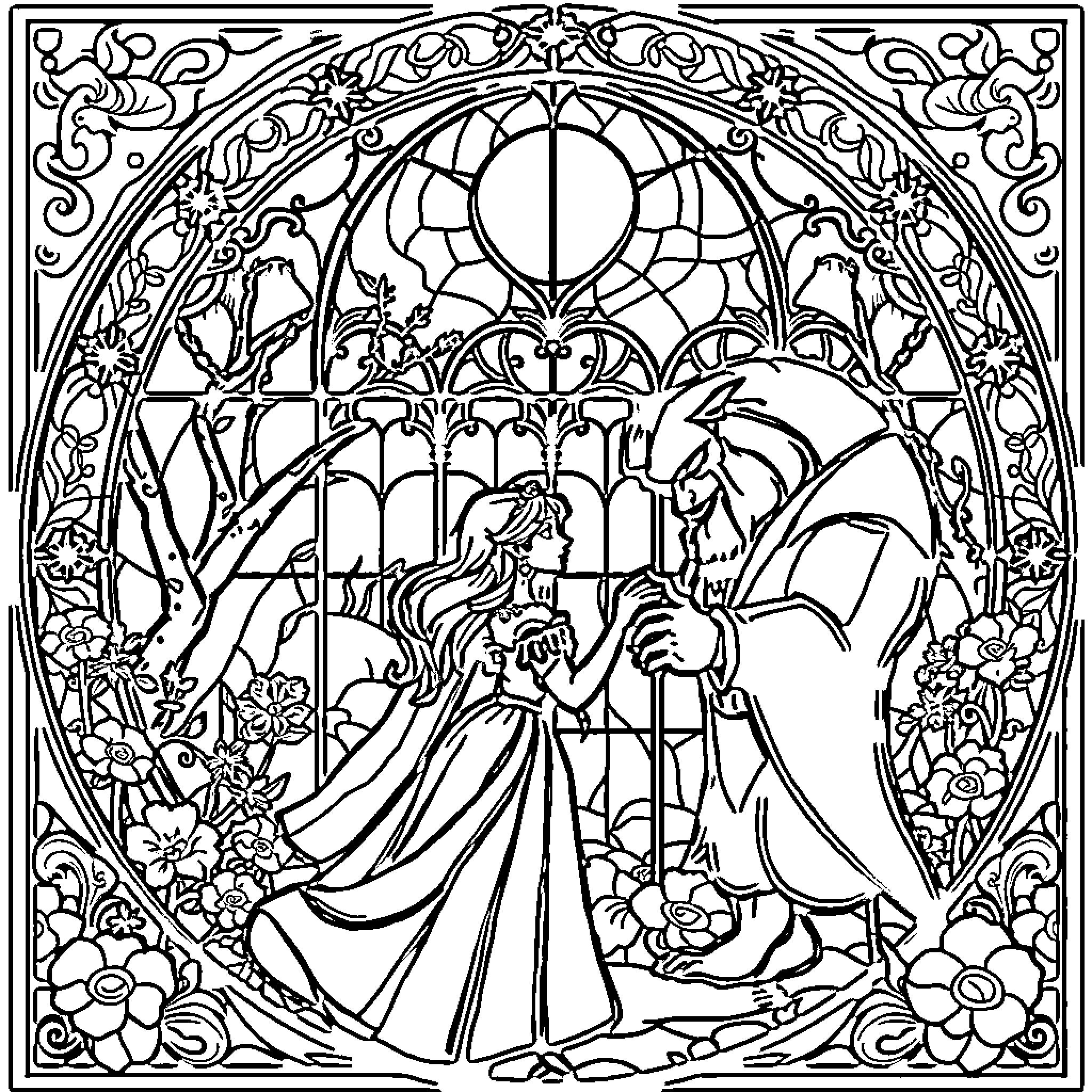 Beauty And The Beast sharing a tender moment together Coloring Page (free black-and-white line drawing printable PDF for all, from beginners to advanced learners, including children, teens, adults, and seniors)