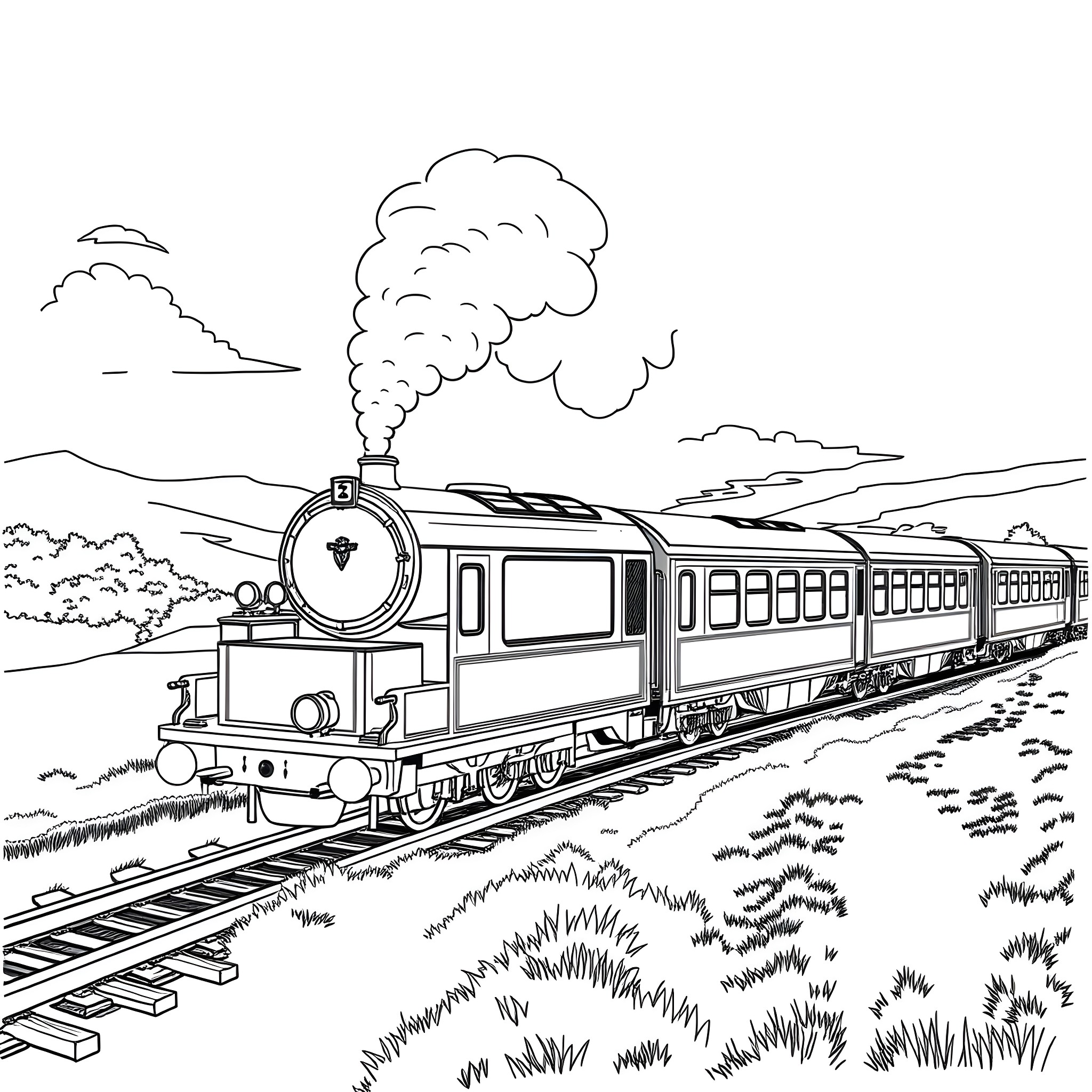 Belmond Grand Hibernian train traveling through countryside Coloring Page (free black-and-white line drawing printable PDF for all, from beginners to advanced learners, including children, teens, adults, and seniors)