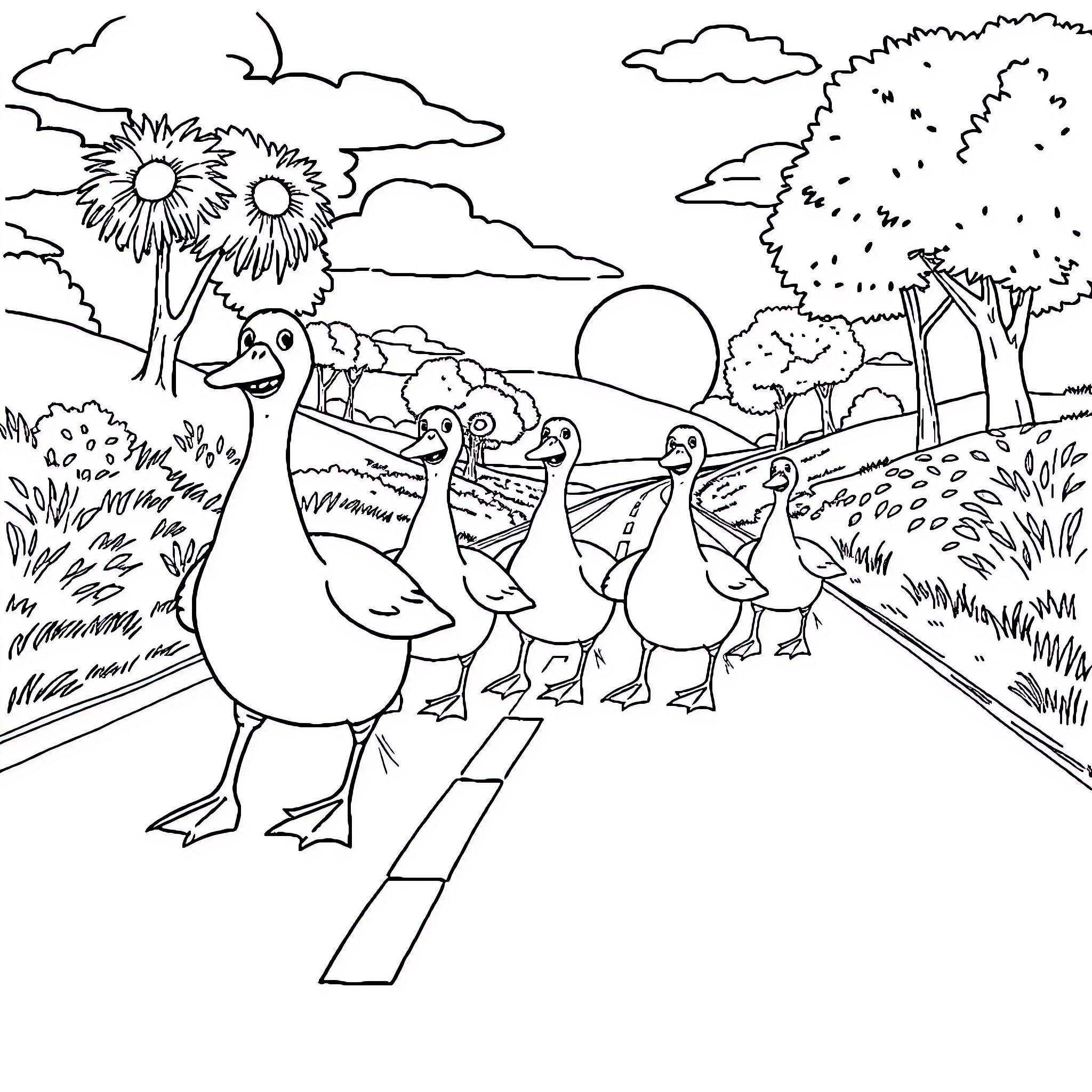 Ducks walking in a scenic outdoor landscape Coloring Page (free black-and-white line drawing printable PDF for all, from beginners to advanced learners, including children, teens, adults, and seniors)
