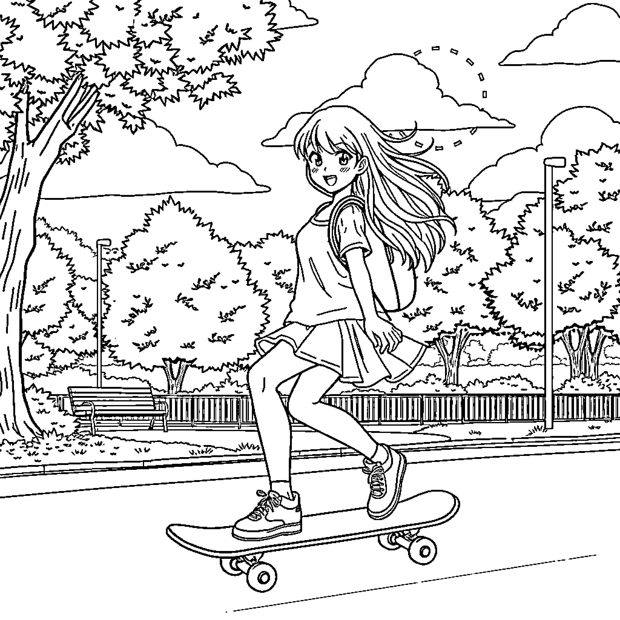 Anime Girl Skateboarding in Park Coloring Page (free black-and-white line drawing printable PDF for all, from beginners to advanced learners, including children, teens, adults, and seniors)