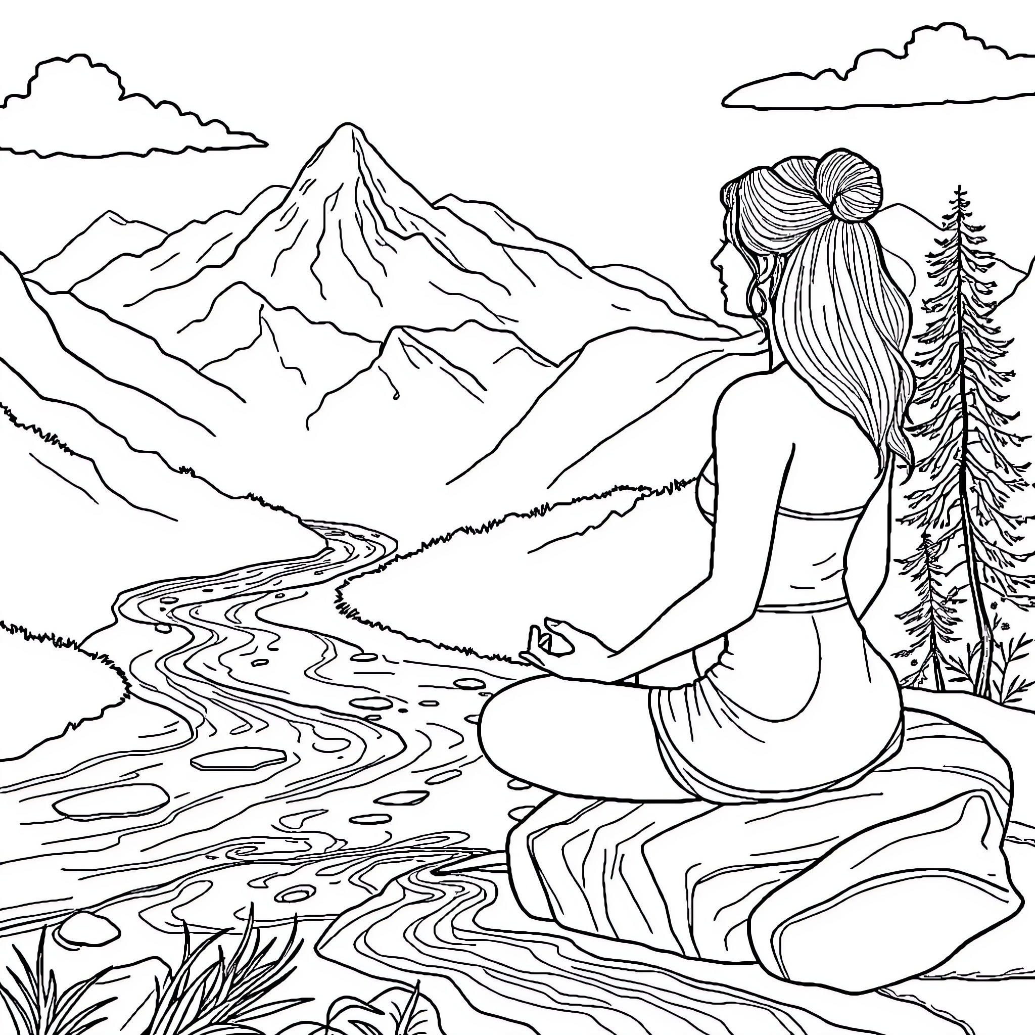 Lady meditates peacefully in serene mountain landscape Coloring Page (free black-and-white line drawing printable PDF for all, from beginners to advanced learners, including children, teens, adults, and seniors)
