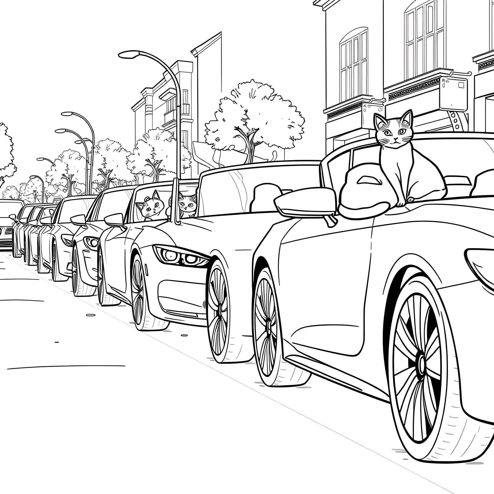 Cat lounging on cars in the city street Coloring Page (free black-and-white line drawing printable PDF for all, from beginners to advanced learners, including children, teens, adults, and seniors)
