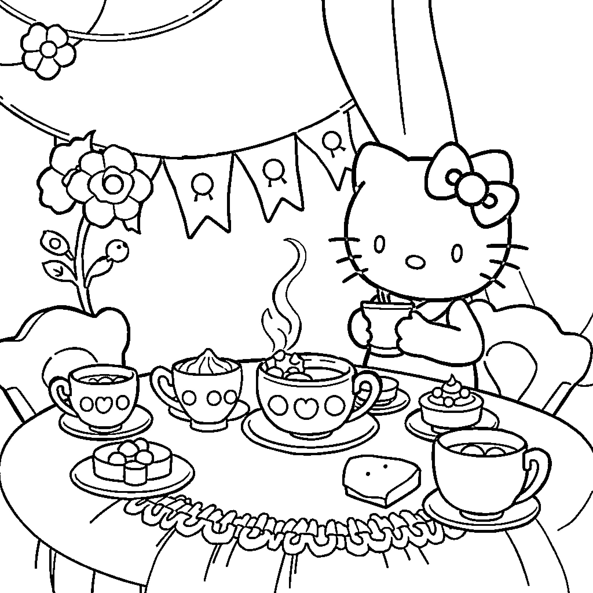 Hello Kitty enjoying a tea party with friends Coloring Page (free black-and-white line drawing printable PDF for all, from beginners to advanced learners, including children, teens, adults, and seniors)