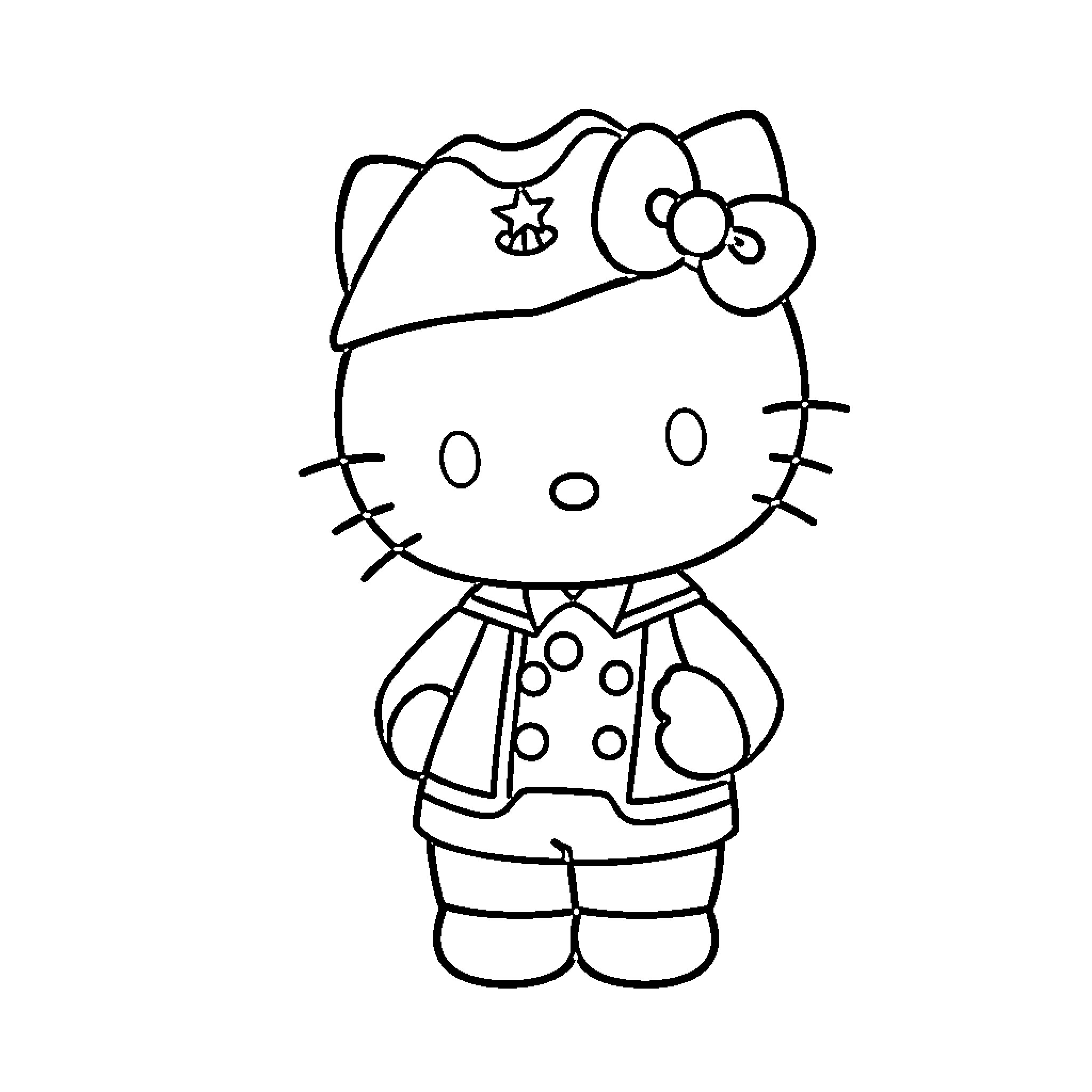 Hello Kitty dressed in police officer uniform Coloring Page (free black-and-white line drawing printable PDF for all, from beginners to advanced learners, including children, teens, adults, and seniors)