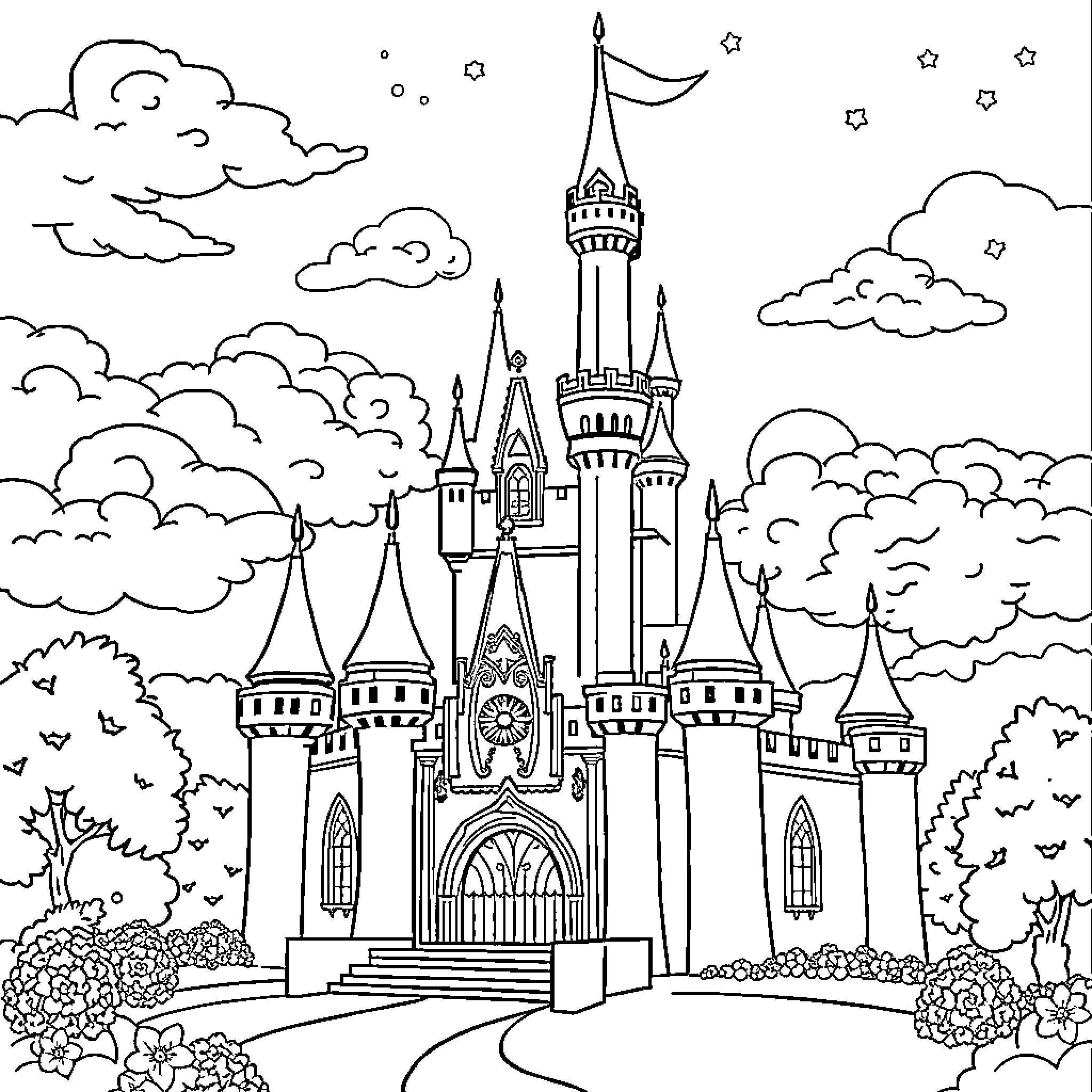 Castle in the Enchanting Landscape with Whimsical Elements Coloring Page (free black-and-white line drawing printable PDF for all, from beginners to advanced learners, including children, teens, adults, and seniors)