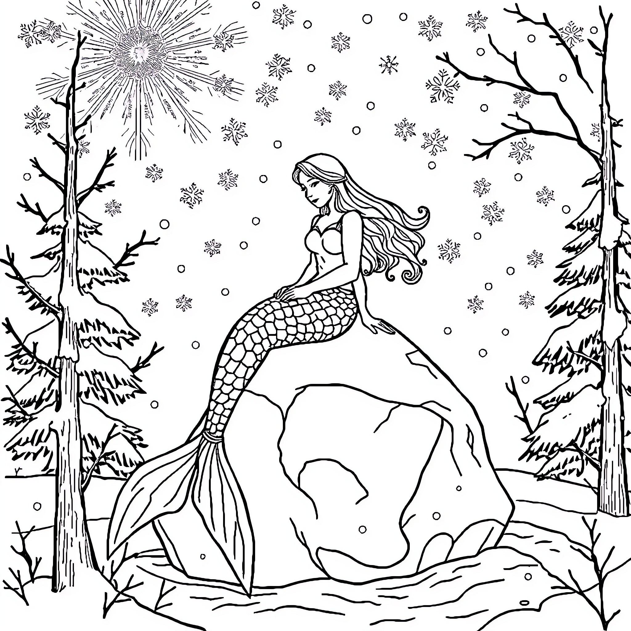 Mermaid in a Snowy Winter Wonderland Coloring Page (free black-and-white line drawing printable PDF for all, from beginners to advanced learners, including children, teens, adults, and seniors)