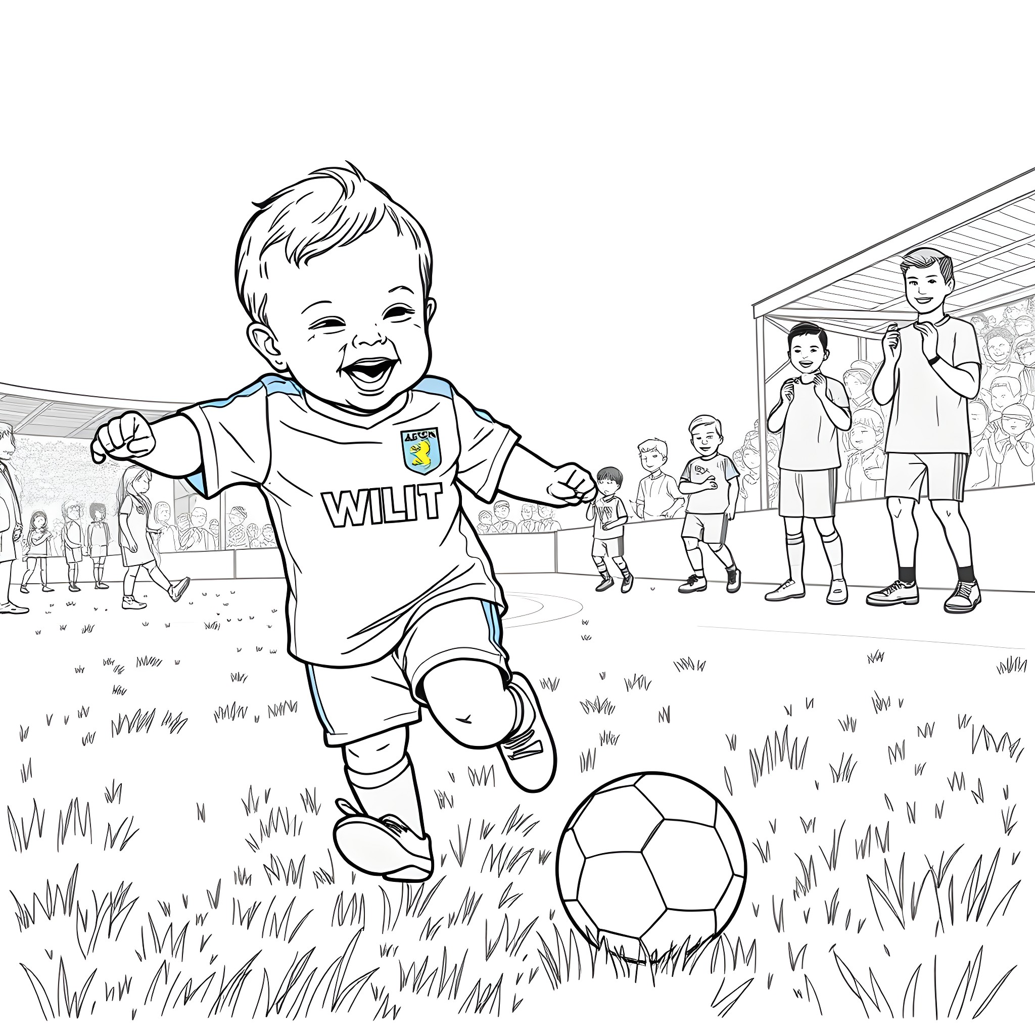 Baby Happily Playing Soccer on the Field Coloring Page (free black-and-white line drawing printable PDF for all, from beginners to advanced learners, including children, teens, adults, and seniors)