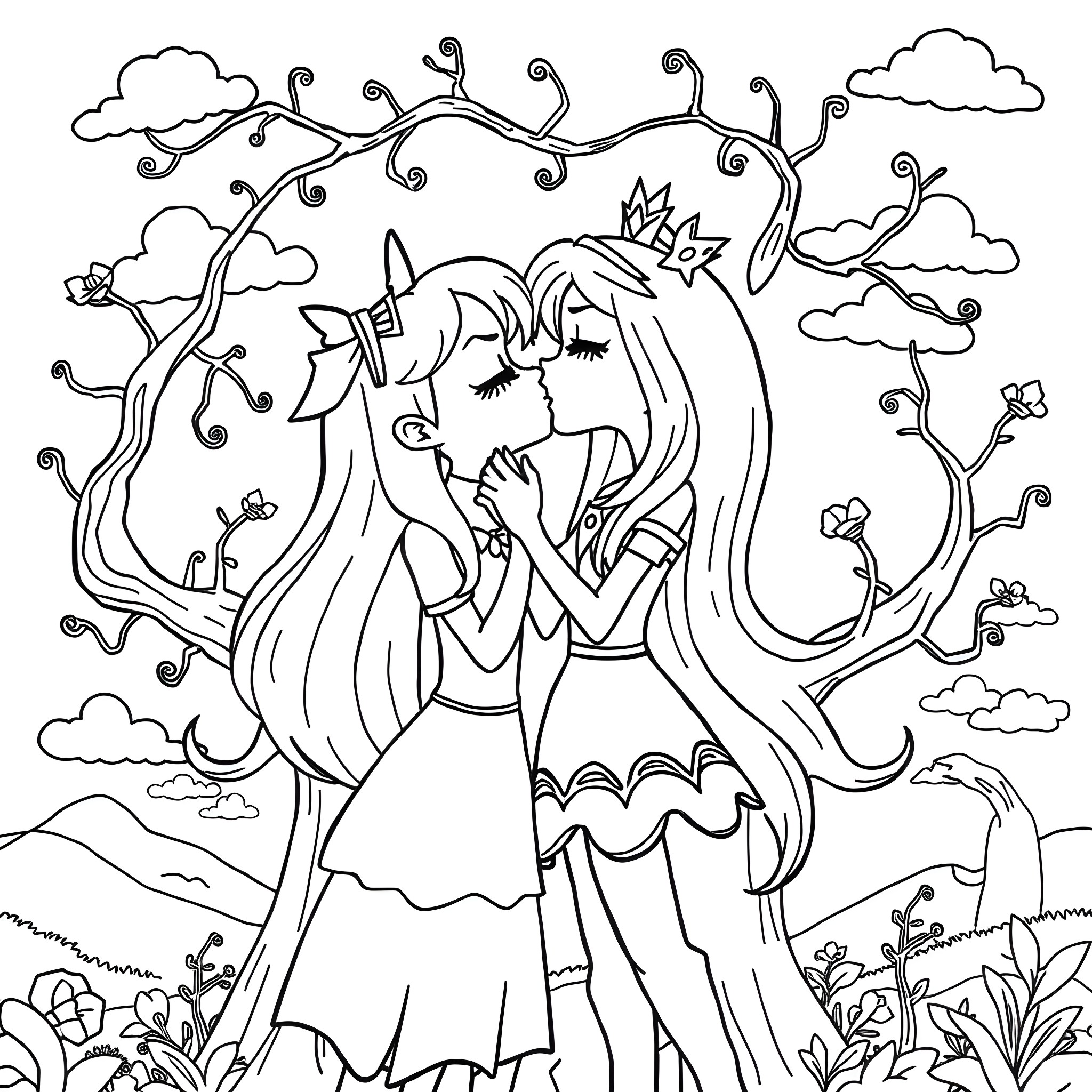 Marceline and her enchanted forest companion Coloring Page (free black-and-white line drawing printable PDF for all, from beginners to advanced learners, including children, teens, adults, and seniors)