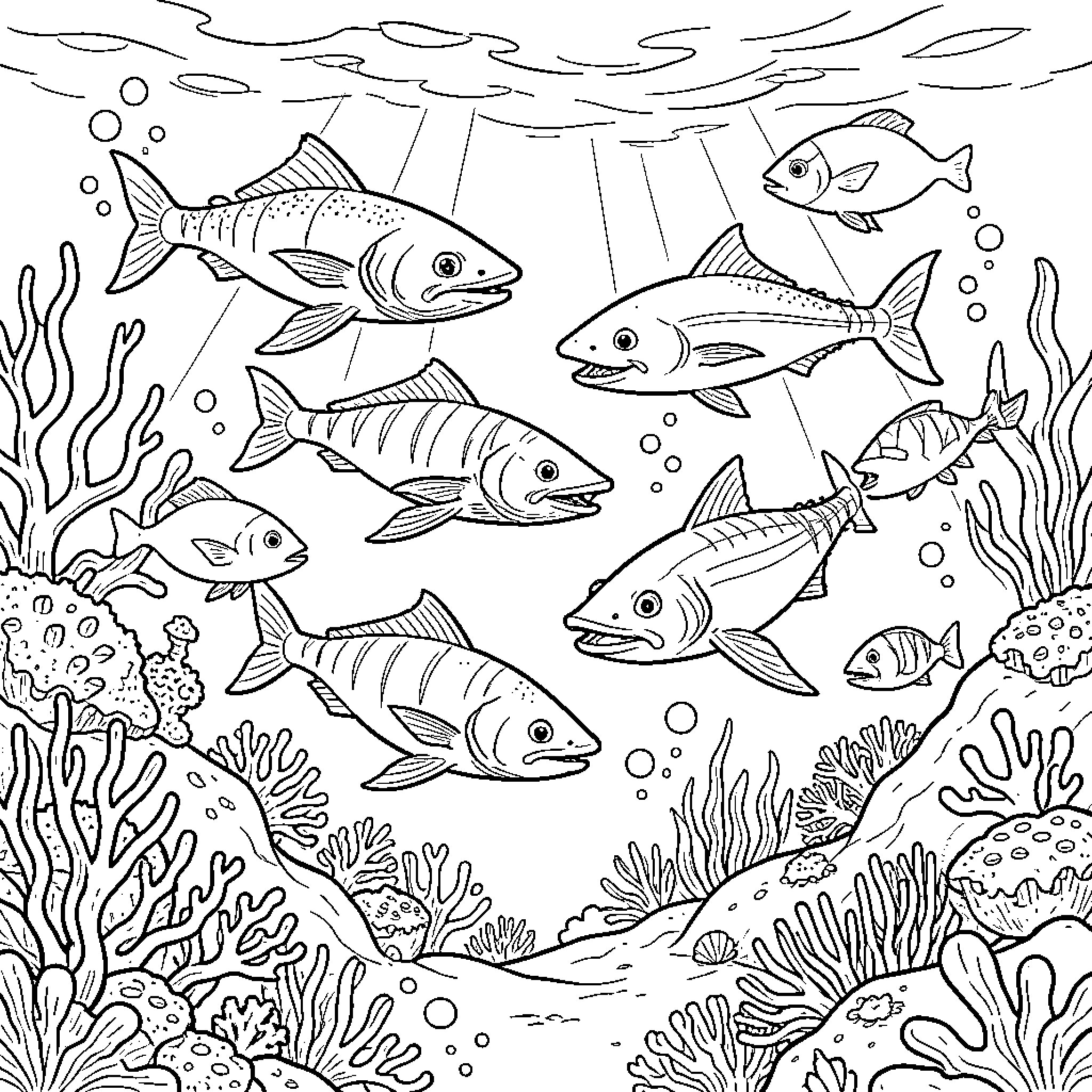 Aquatic Animals swimming together through a coral reef Coloring Page (free black-and-white line drawing printable PDF for all, from beginners to advanced learners, including children, teens, adults, and seniors)