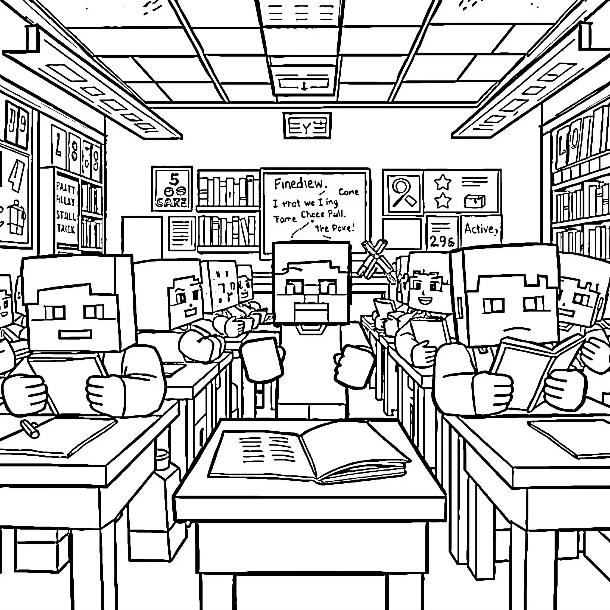 Minecraft Character Studying in a Classroom Setting Coloring Page (free black-and-white line drawing printable PDF for all, from beginners to advanced learners, including children, teens, adults, and seniors)