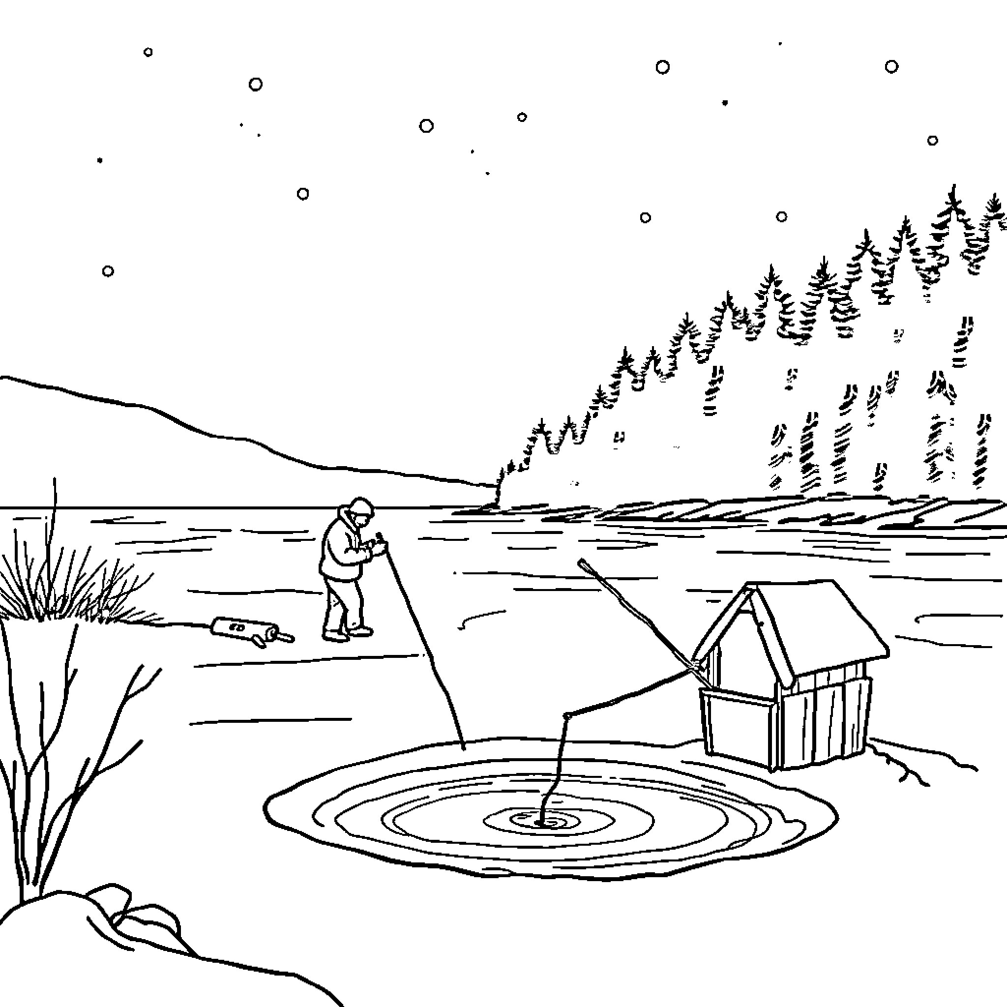 Ice Fishing on a Frozen Lake Coloring Page (free black-and-white line drawing printable PDF for all, from beginners to advanced learners, including children, teens, adults, and seniors)