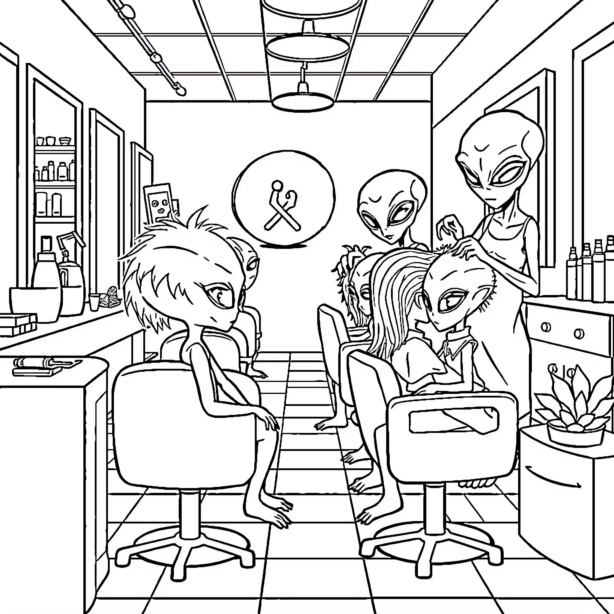 Alien creatures studying in a laboratory setting Coloring Page (free black-and-white line drawing printable PDF for all, from beginners to advanced learners, including children, teens, adults, and seniors)