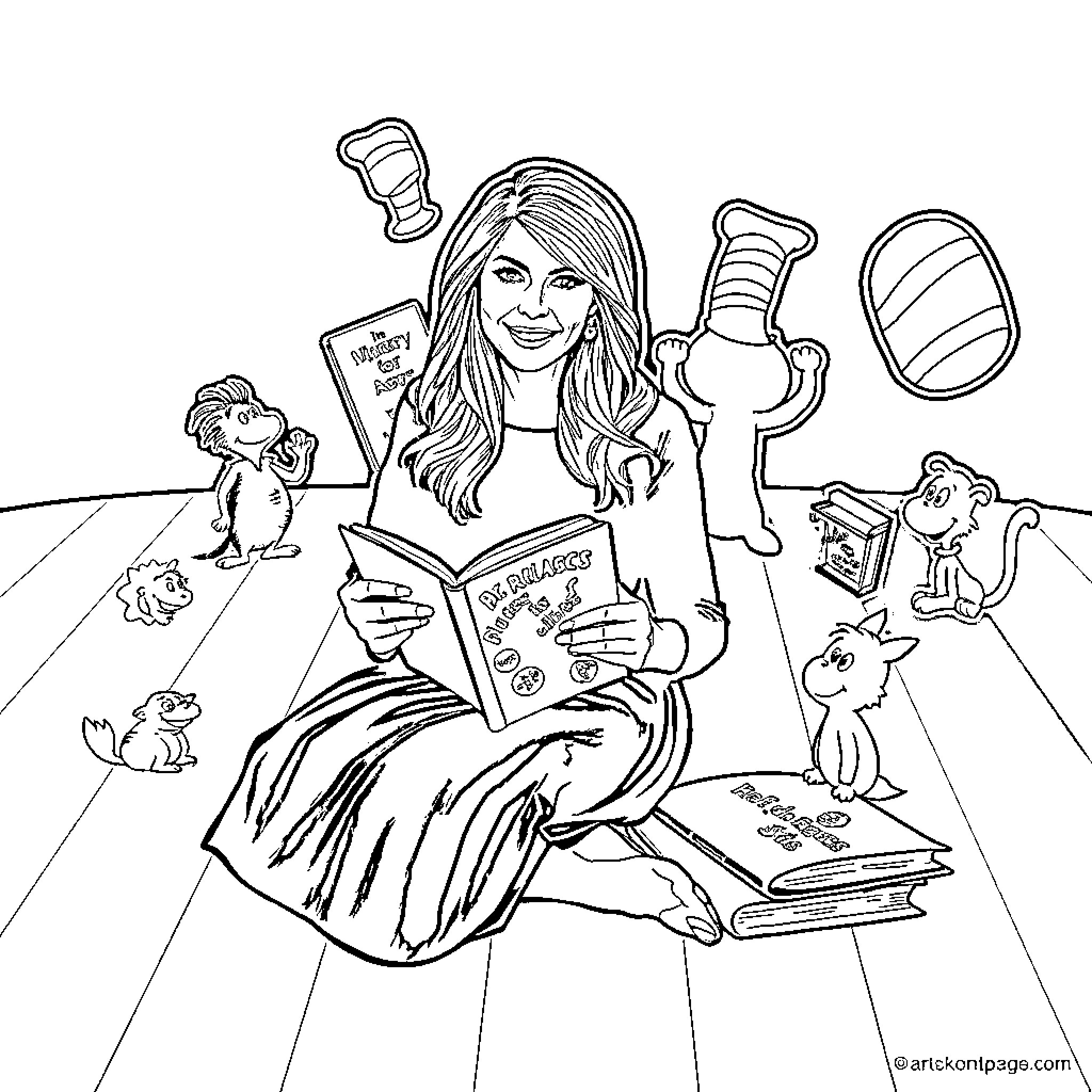 Melania Trump reading books surrounded by animals Coloring Page (free black-and-white line drawing printable PDF for all, from beginners to advanced learners, including children, teens, adults, and seniors)