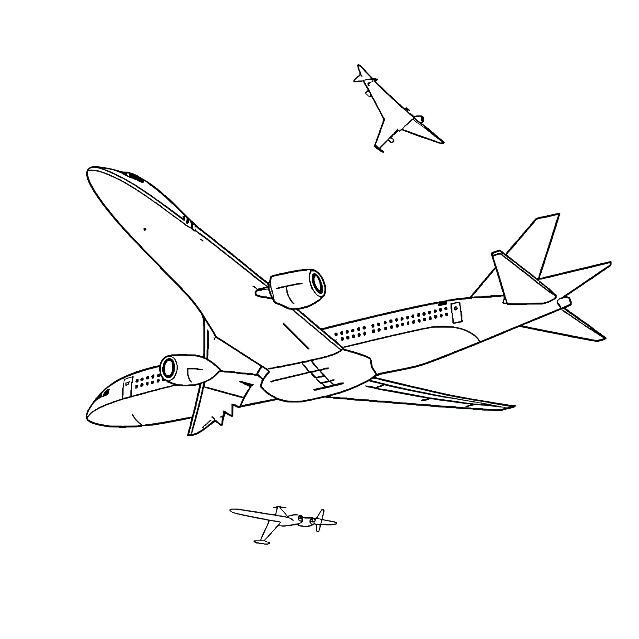 Jumbo Jet Soaring Through the Skies Coloring Page (free black-and-white line drawing printable PDF for all, from beginners to advanced learners, including children, teens, adults, and seniors)