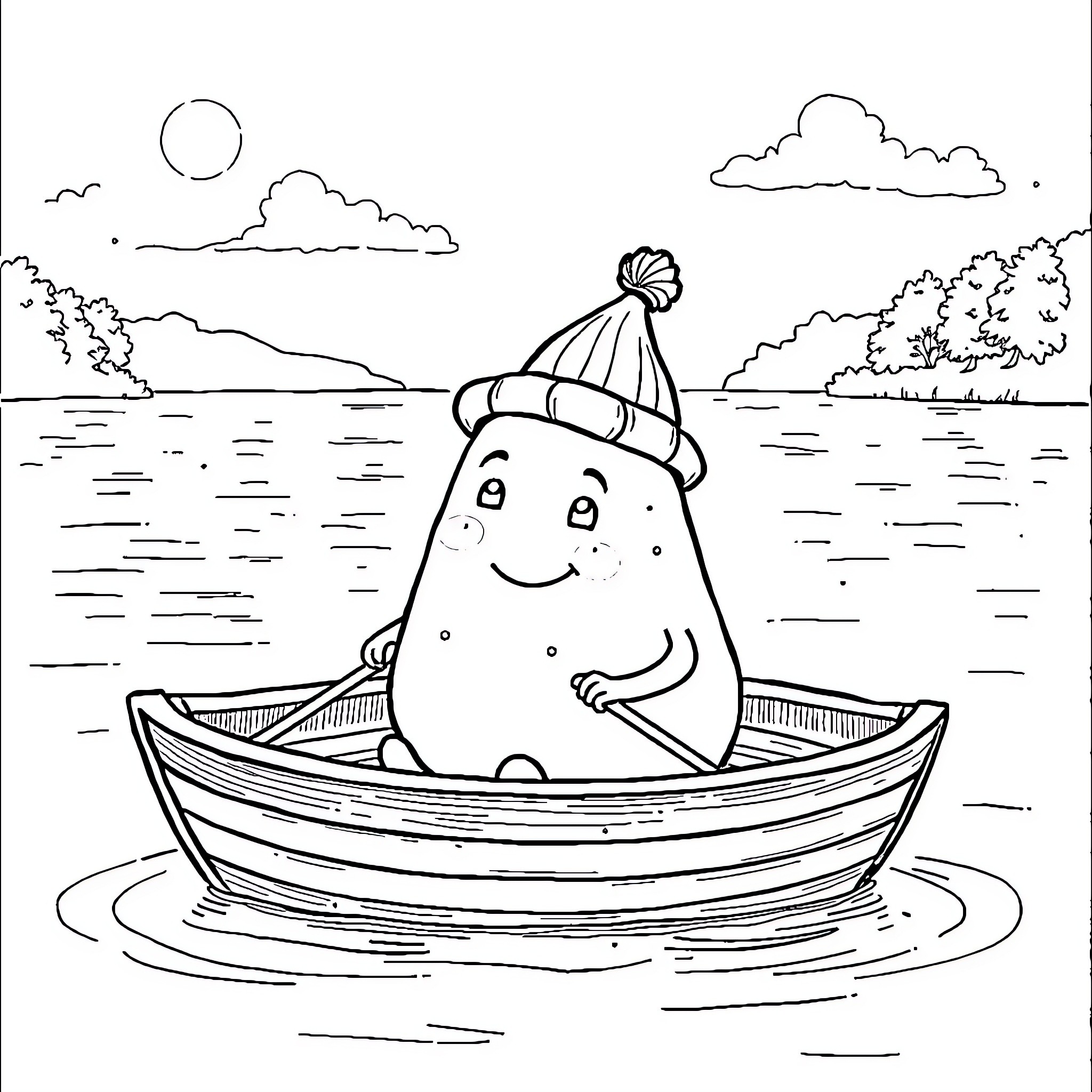 Potato character boating on a lake Coloring Page (free black-and-white line drawing printable PDF for all, from beginners to advanced learners, including children, teens, adults, and seniors)