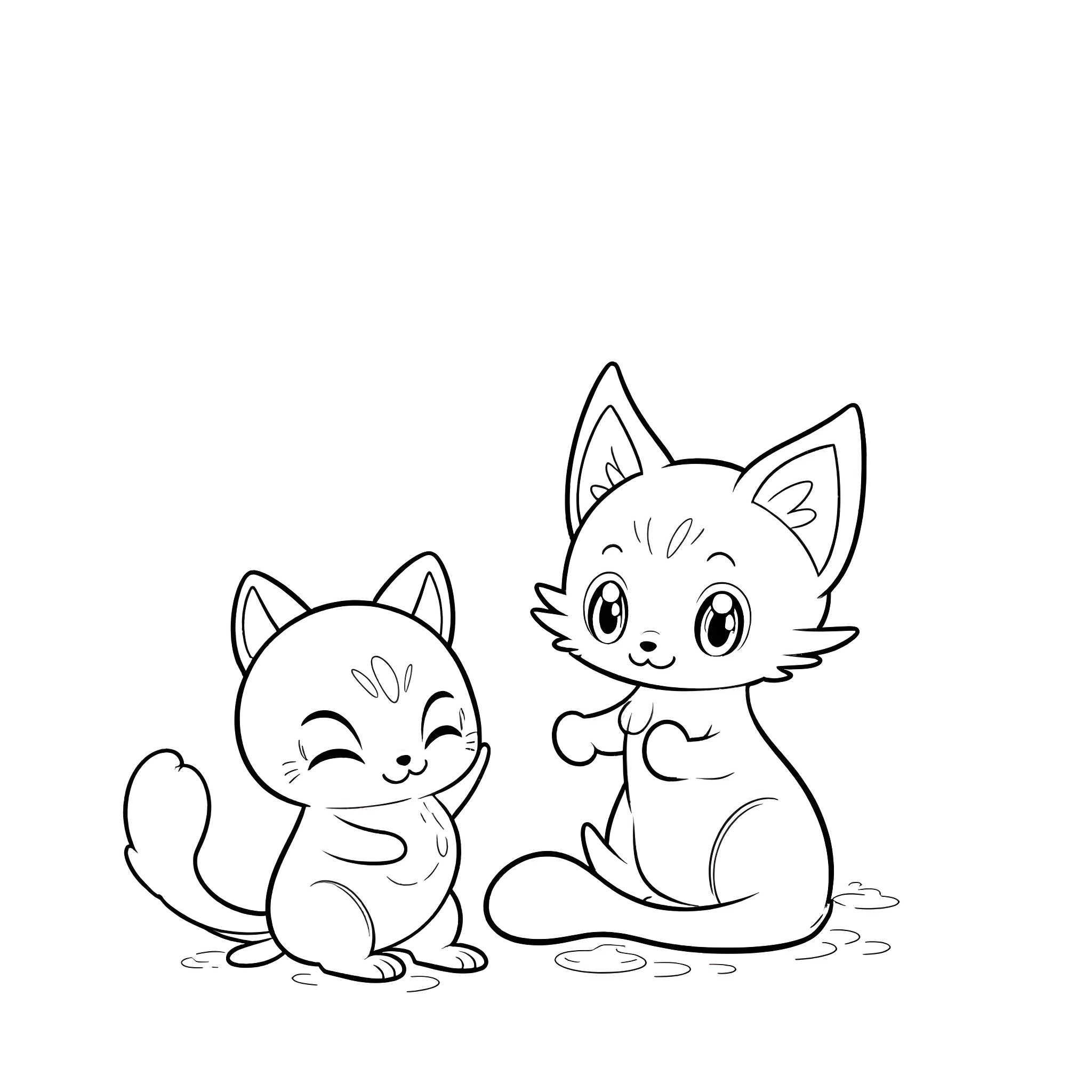 Mew cats playing happily together Coloring Page (free black-and-white line drawing printable PDF for all, from beginners to advanced learners, including children, teens, adults, and seniors)