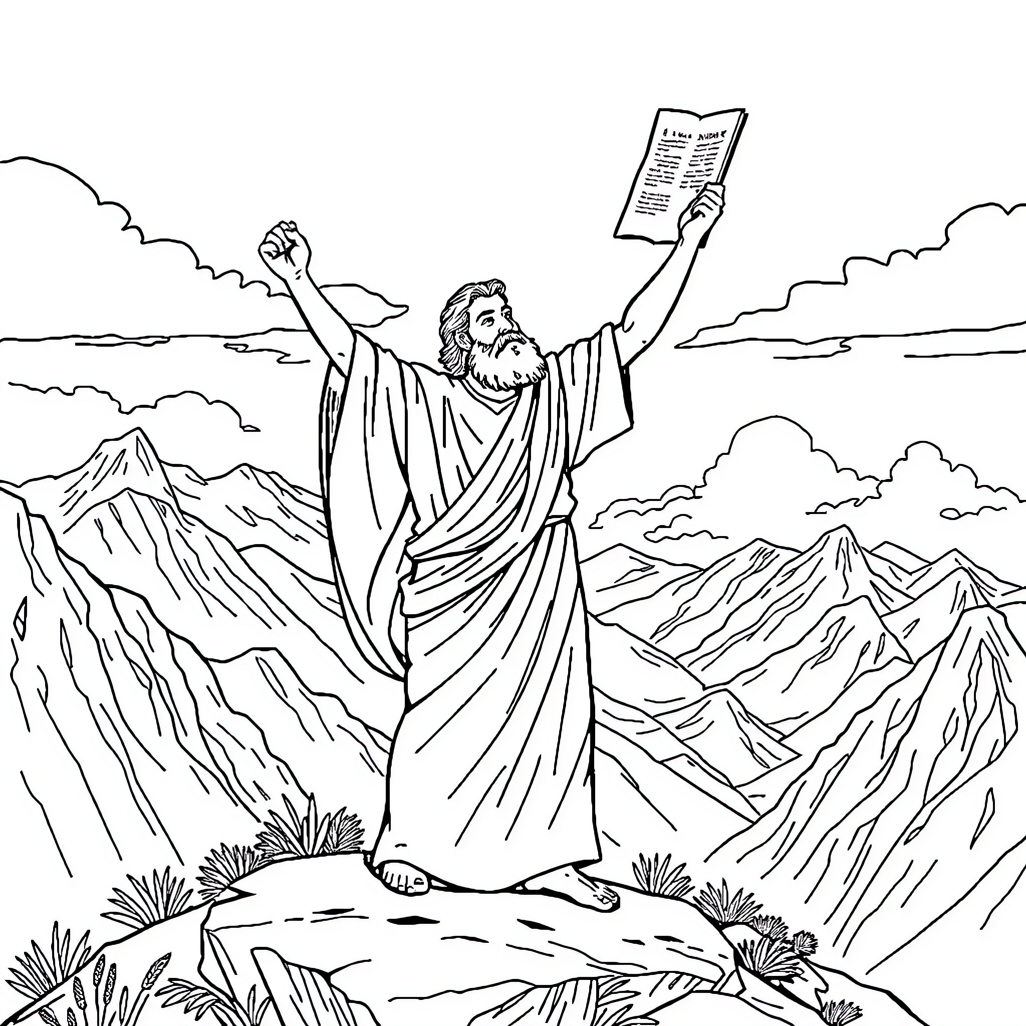 Moses Receiving the Ten Commandments on Mount Sinai Coloring Page (free black-and-white line drawing printable PDF for all, from beginners to advanced learners, including children, teens, adults, and seniors)