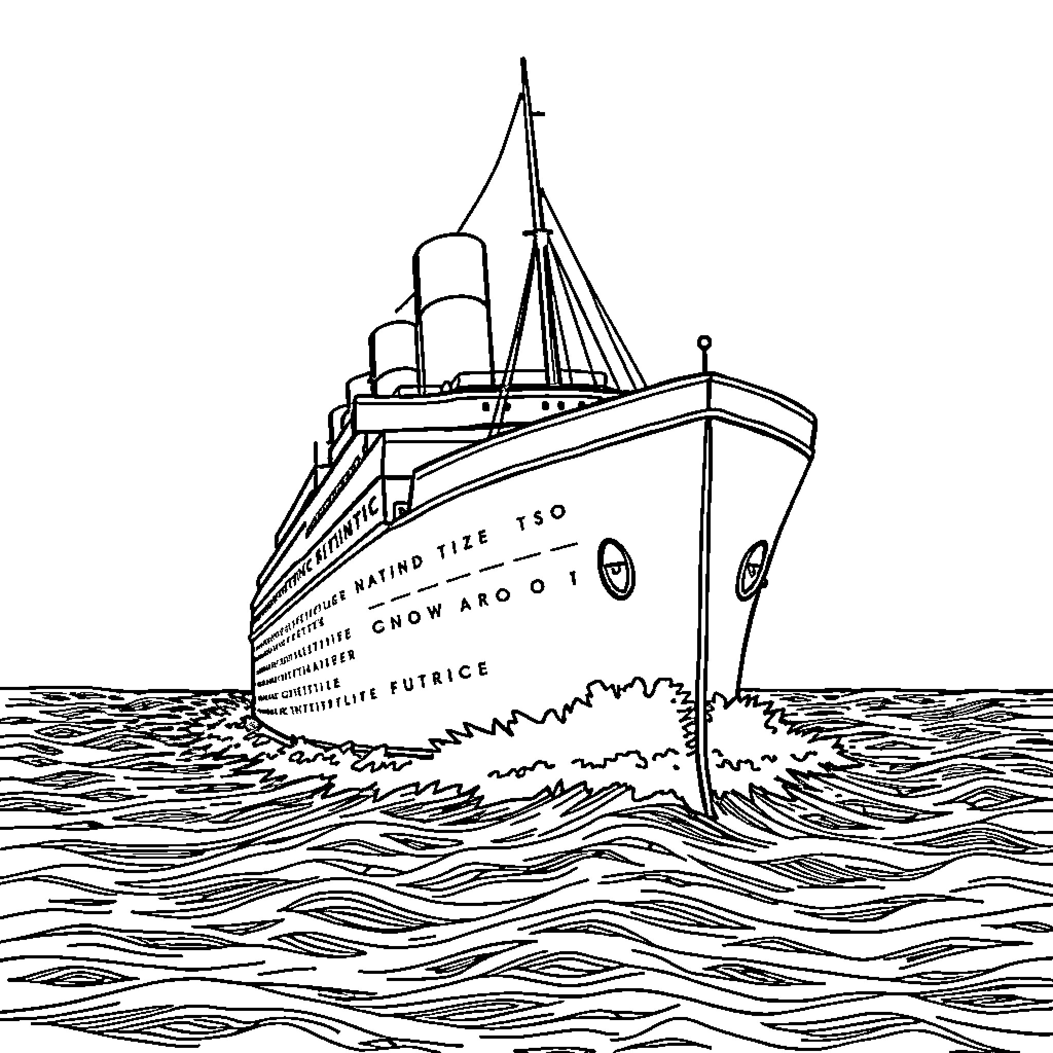 Titanic ship sailing on the high seas Coloring Page (free black-and-white line drawing printable PDF for all, from beginners to advanced learners, including children, teens, adults, and seniors)