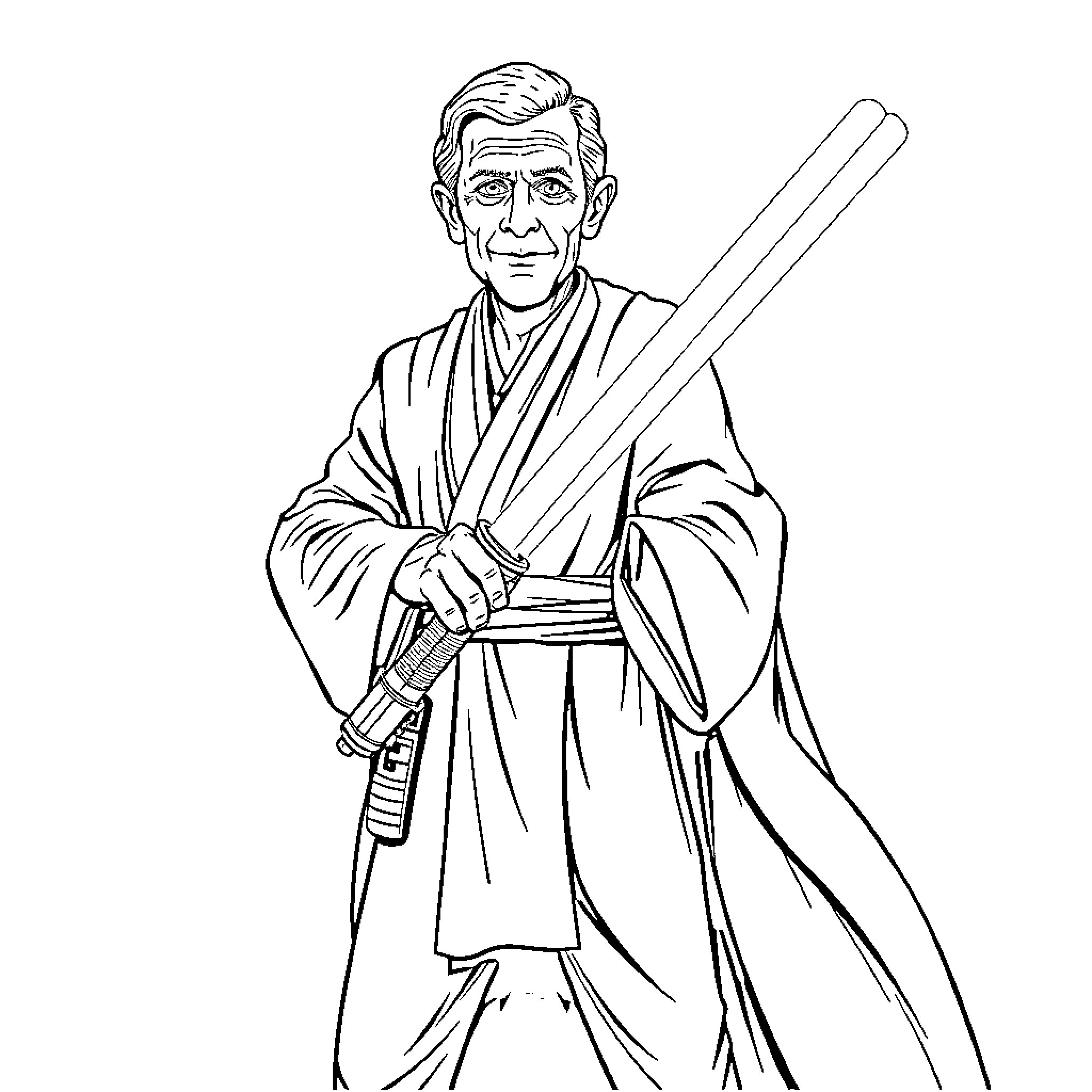 Don Knotts as a Jedi Knight with Lightsaber Coloring Page (free black-and-white line drawing printable PDF for all, from beginners to advanced learners, including children, teens, adults, and seniors)
