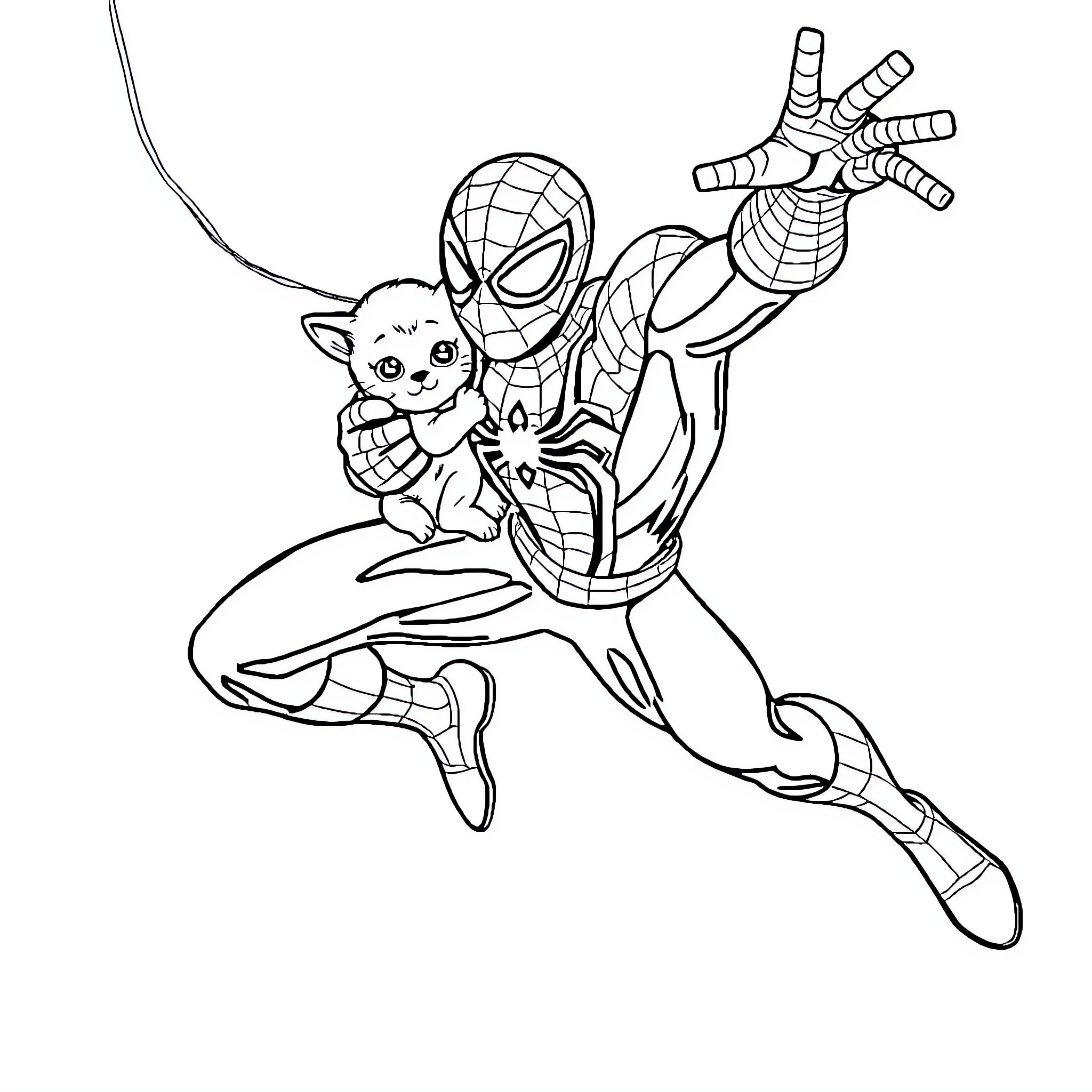 Spiderman rescuing a cute animal friend Coloring Page (free black-and-white line drawing printable PDF for all, from beginners to advanced learners, including children, teens, adults, and seniors)
