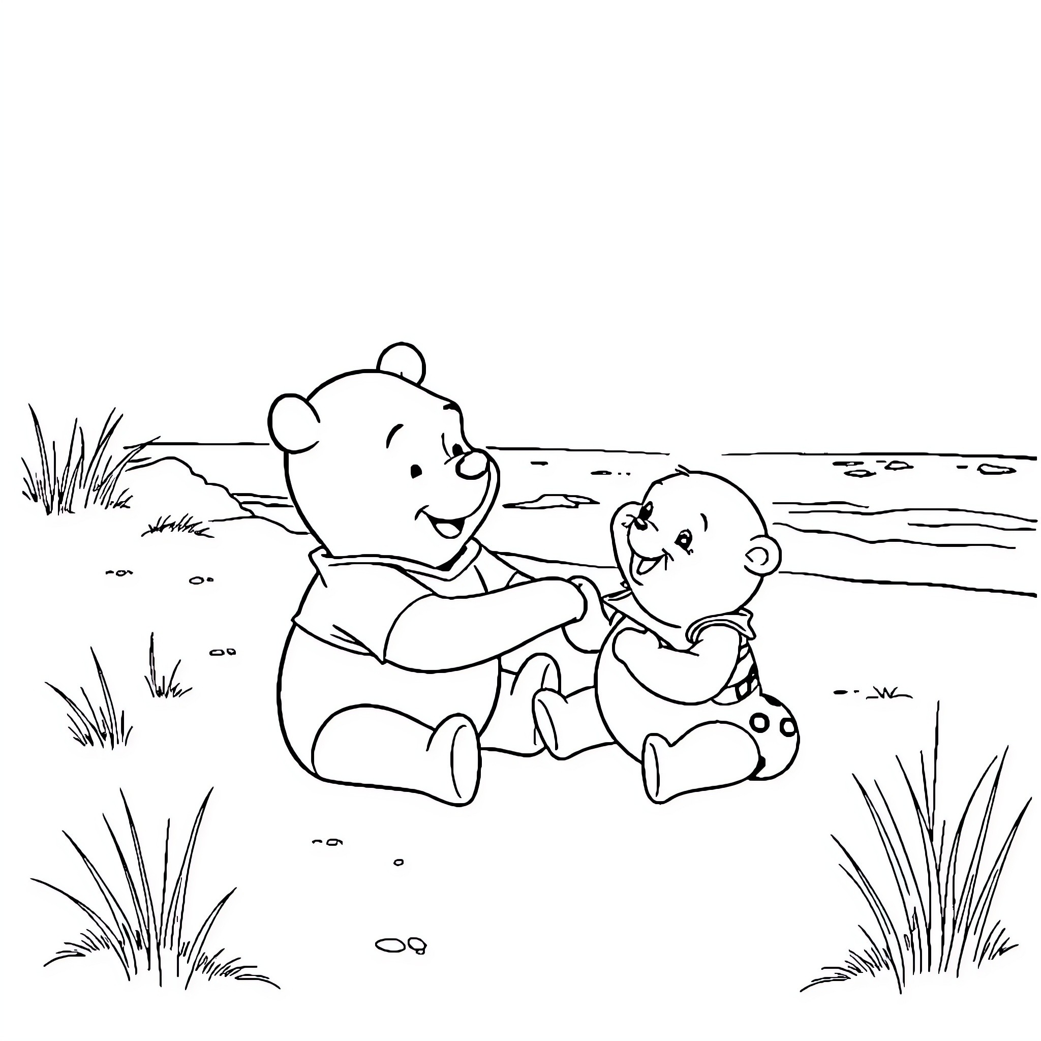 Winnie The Pooh playing happily with his friend Coloring Page (free black-and-white line drawing printable PDF for all, from beginners to advanced learners, including children, teens, adults, and seniors)