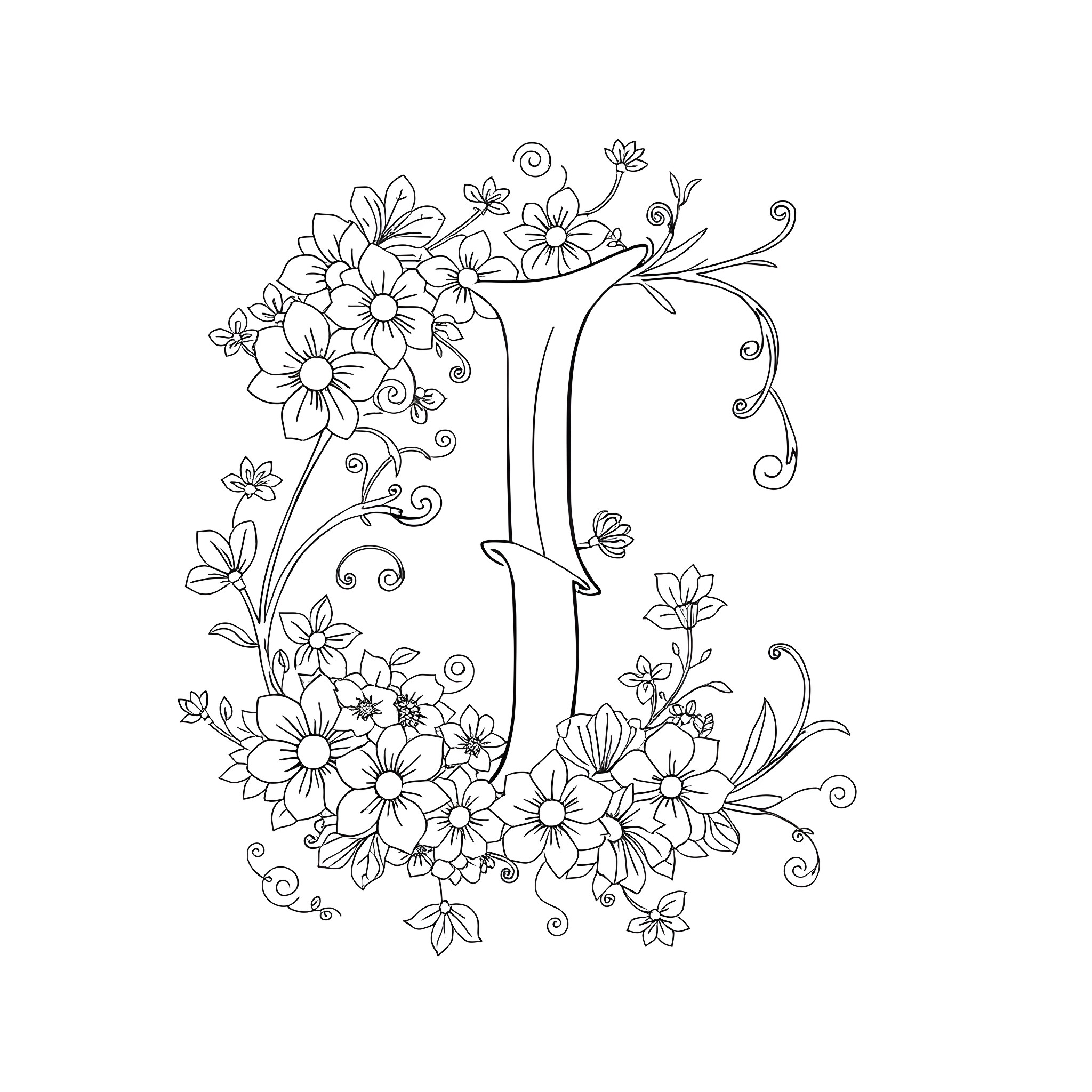 Letter J Decorated with Floral Patterns Coloring Page (free black-and-white line drawing printable PDF for all, from beginners to advanced learners, including children, teens, adults, and seniors)