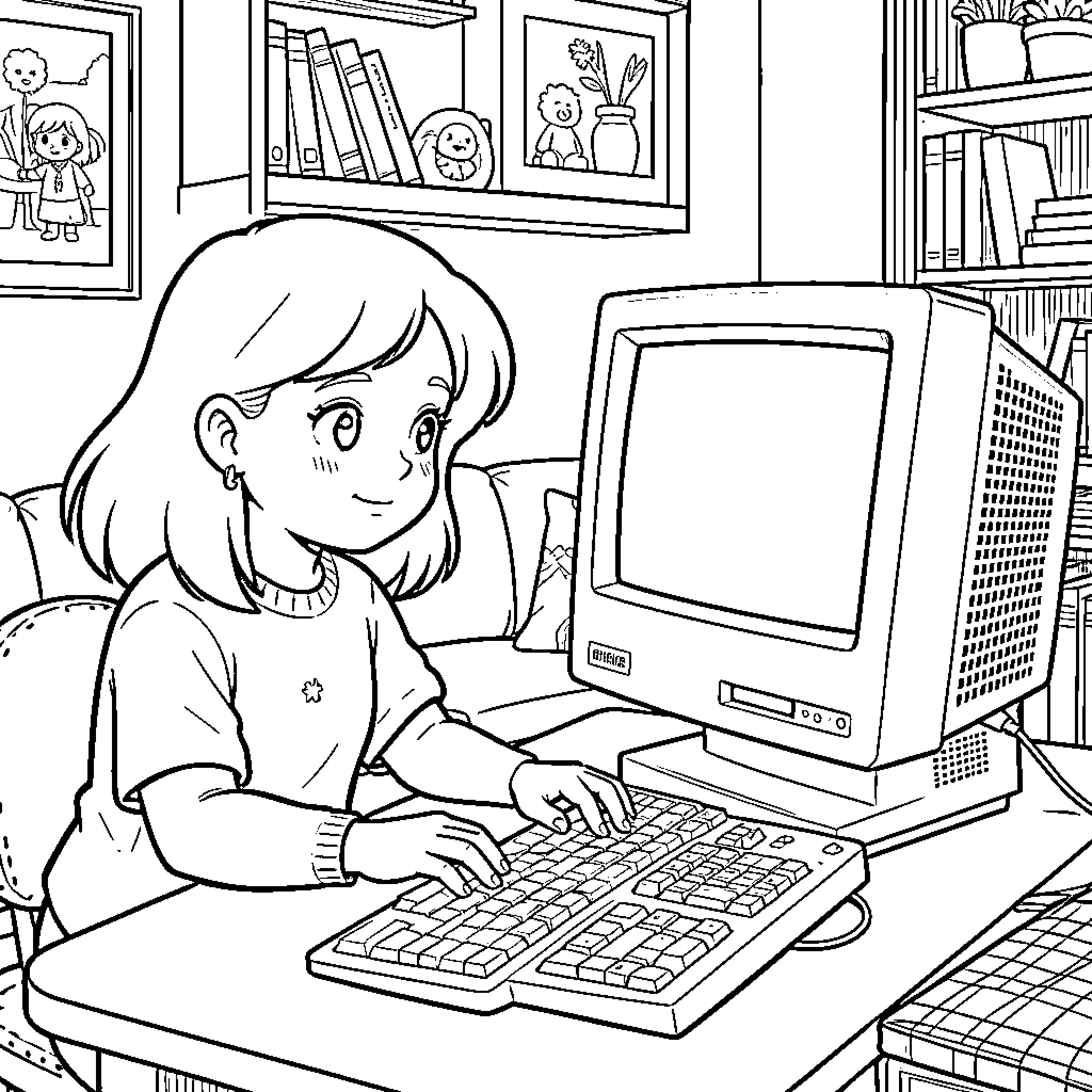Quinn Morgendorffer studying intently on a computer Coloring Page (free black-and-white line drawing printable PDF for all, from beginners to advanced learners, including children, teens, adults, and seniors)