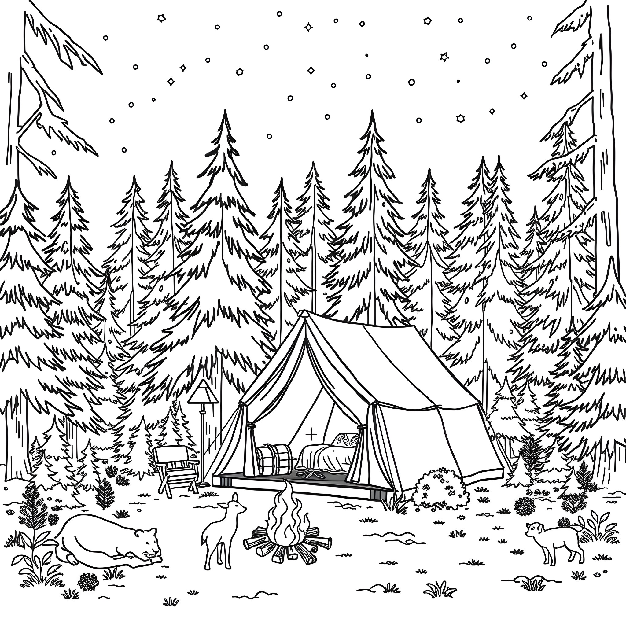 Tent camping in a snowy forest scene Coloring Page (free black-and-white line drawing printable PDF for all, from beginners to advanced learners, including children, teens, adults, and seniors)