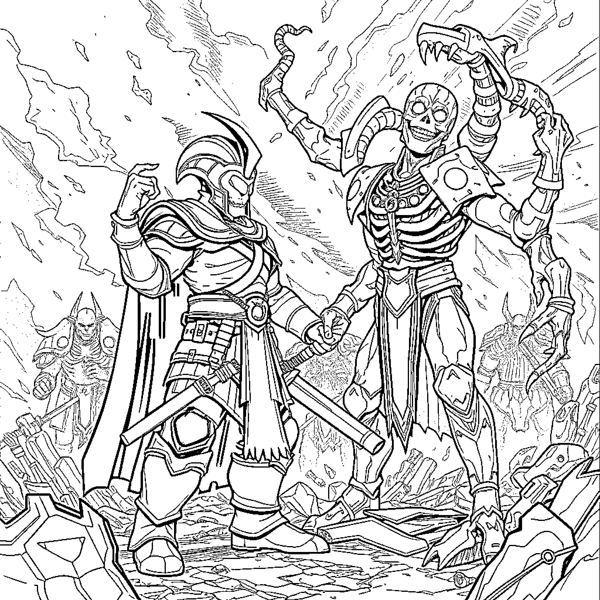 Warhammer Fierce Battle between Armored Warriors Coloring Page (free black-and-white line drawing printable PDF for all, from beginners to advanced learners, including children, teens, adults, and seniors)