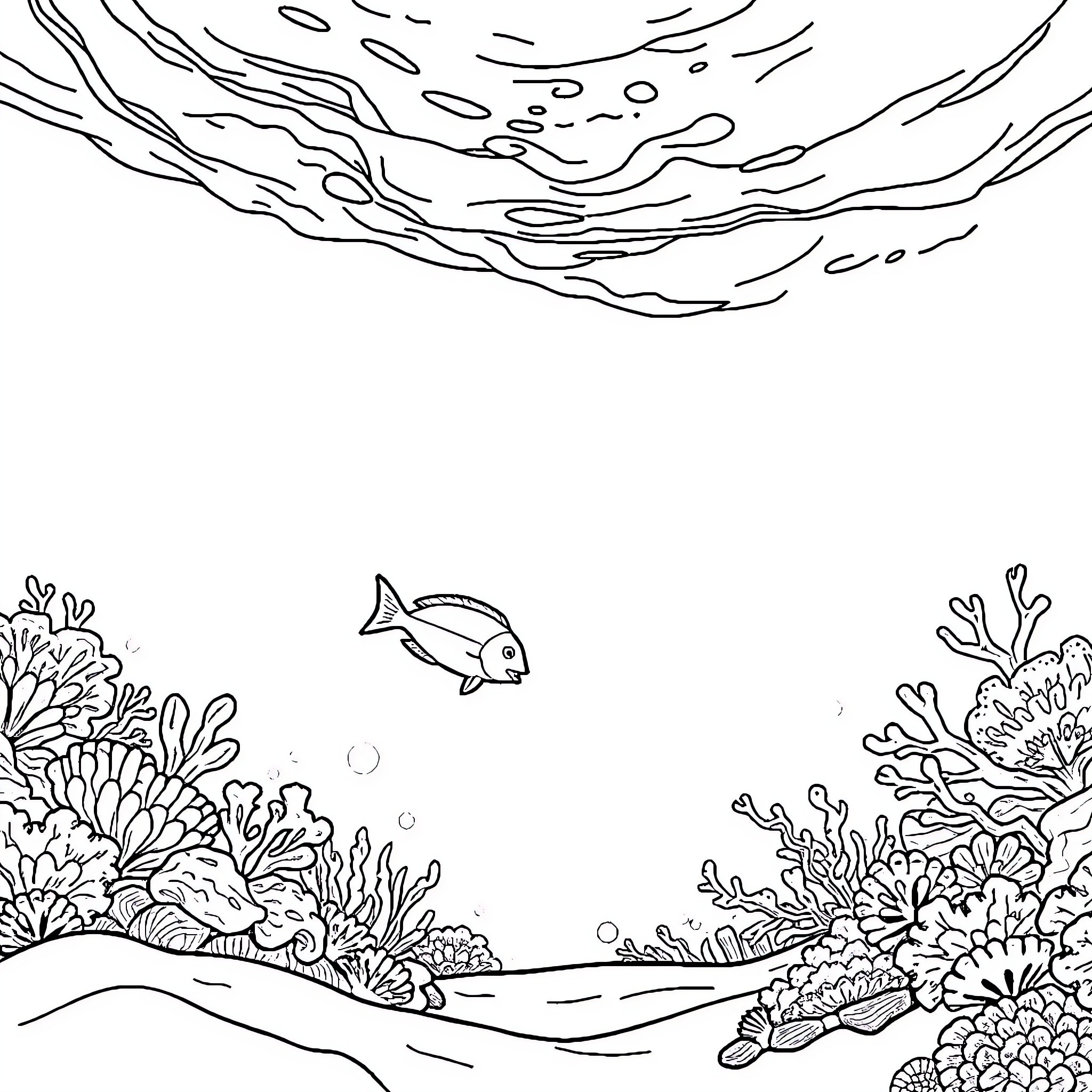 Ocean Underwater Scene with Marine Life Coloring Page (free black-and-white line drawing printable PDF for all, from beginners to advanced learners, including children, teens, adults, and seniors)