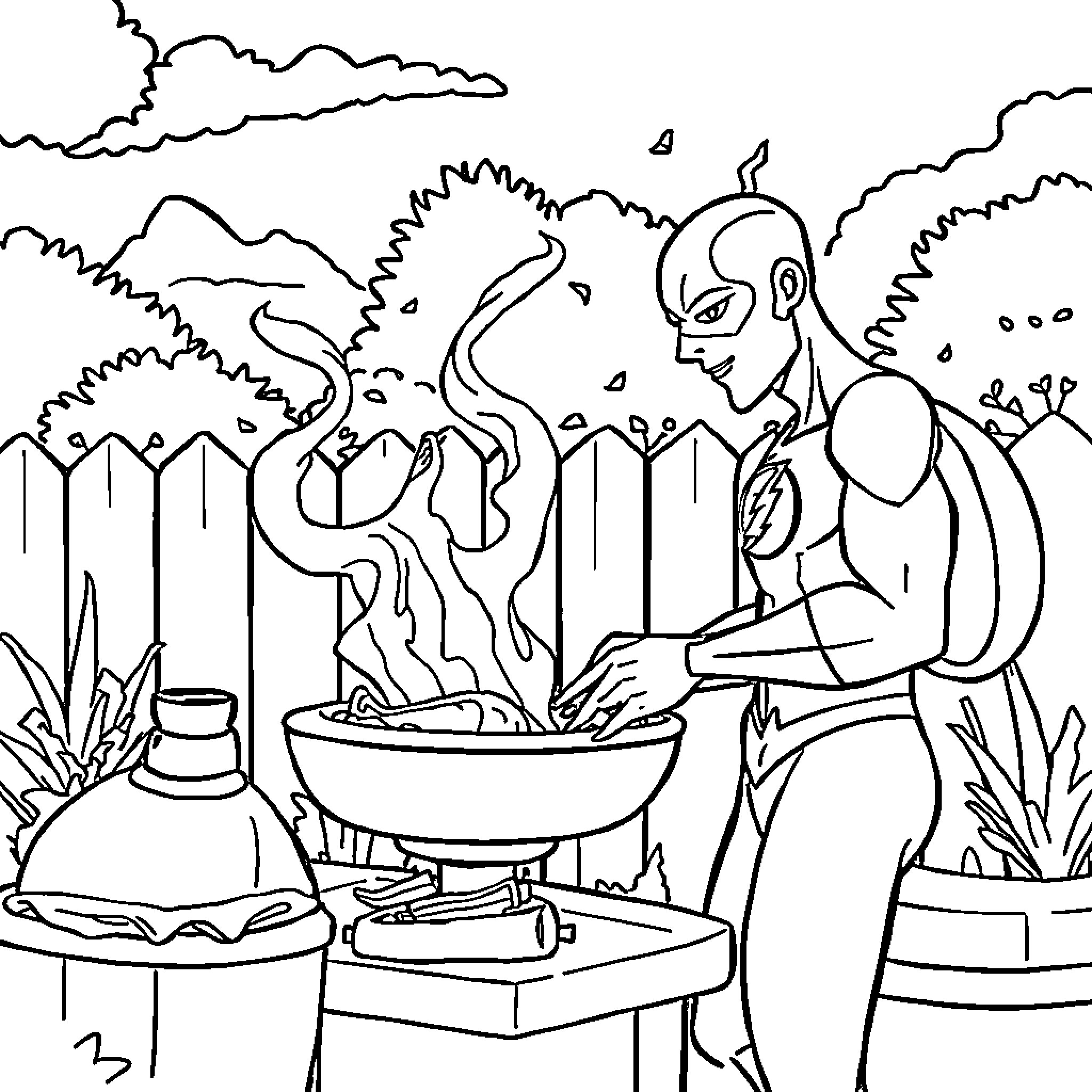 Flash Cooking Outdoors with Friendly Creatures Coloring Page (free black-and-white line drawing printable PDF for all, from beginners to advanced learners, including children, teens, adults, and seniors)