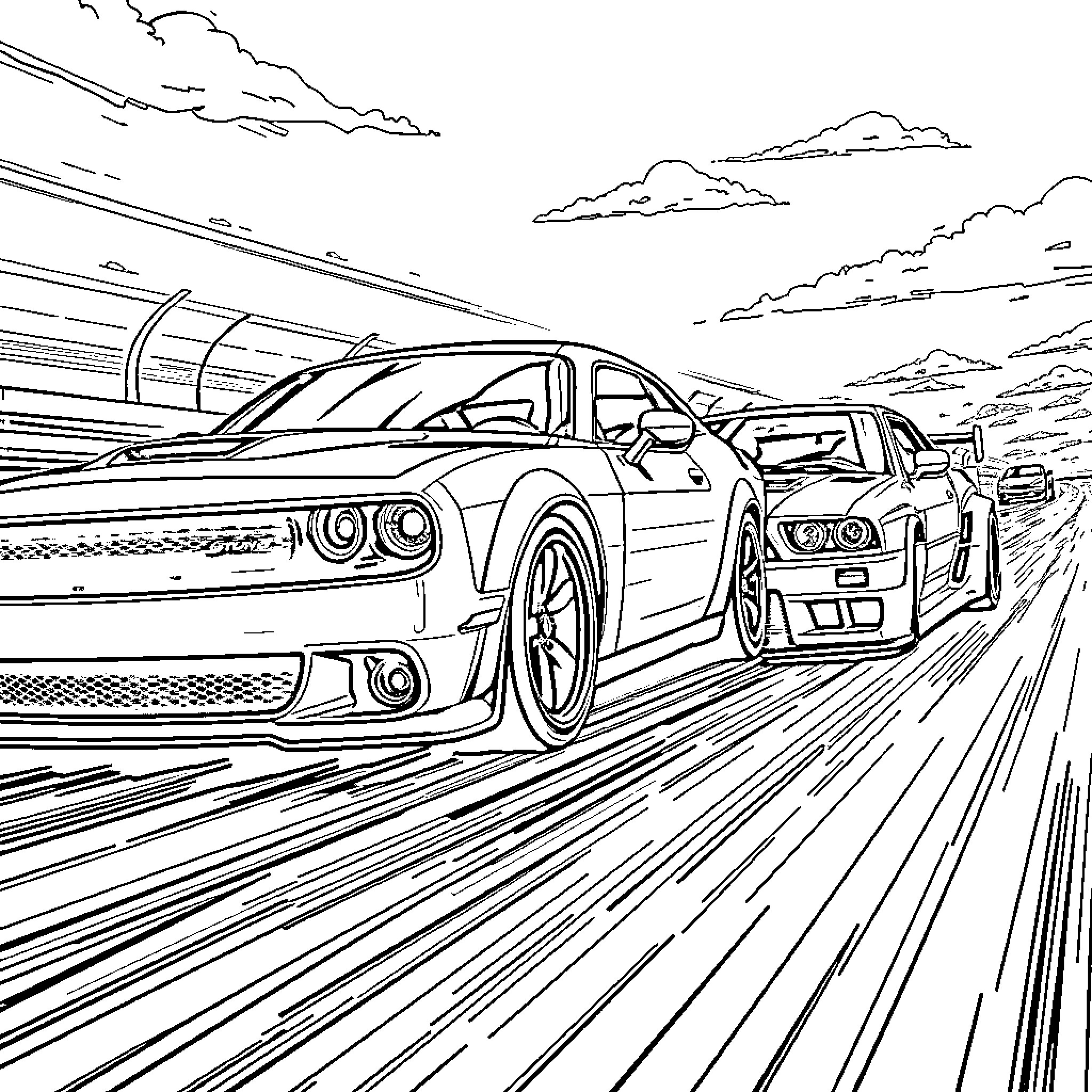 Car racing on the highway with speed and excitement Coloring Page (free black-and-white line drawing printable PDF for all, from beginners to advanced learners, including children, teens, adults, and seniors)
