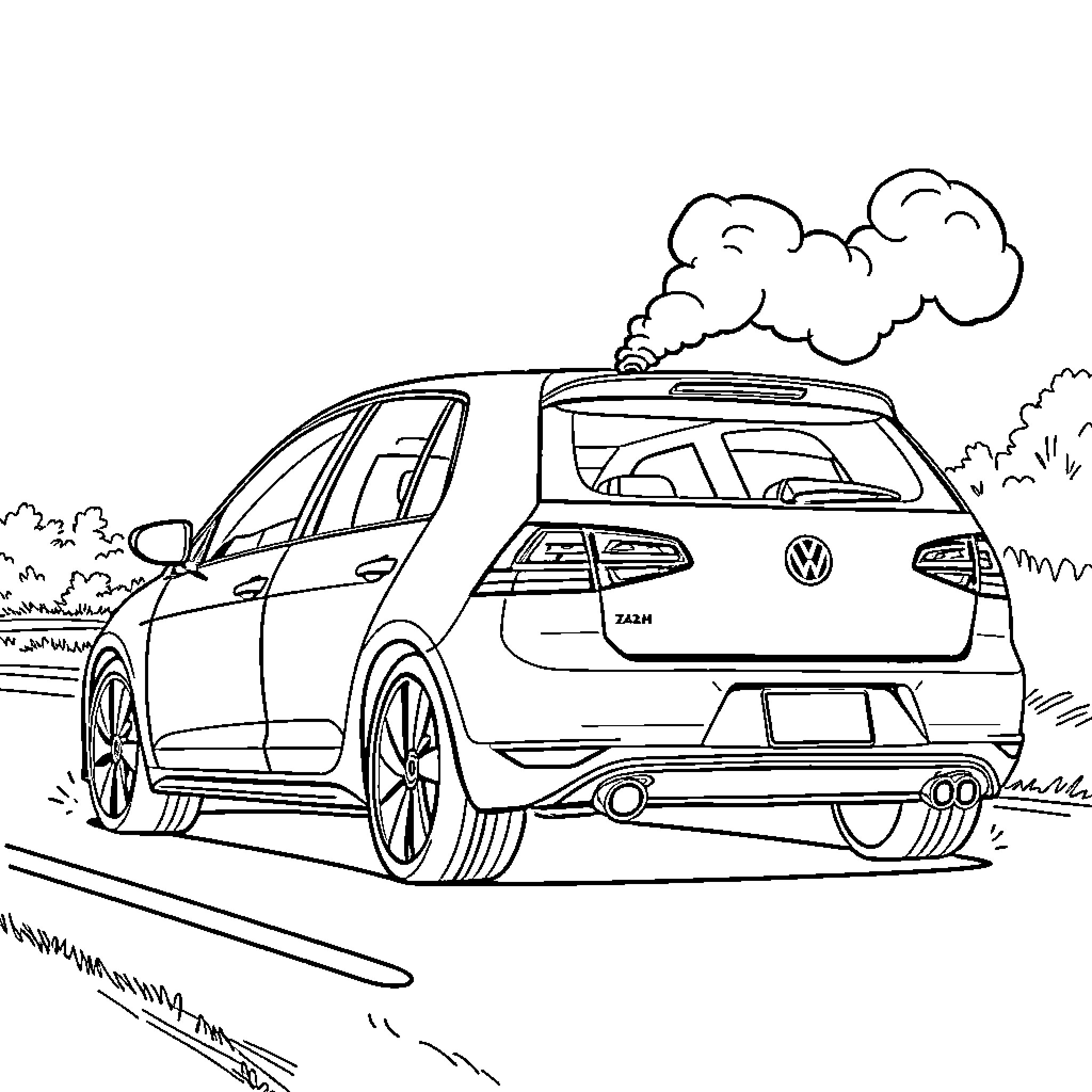 Volkswagen driving on the road with smoke Coloring Page (free black-and-white line drawing printable PDF for all, from beginners to advanced learners, including children, teens, adults, and seniors)