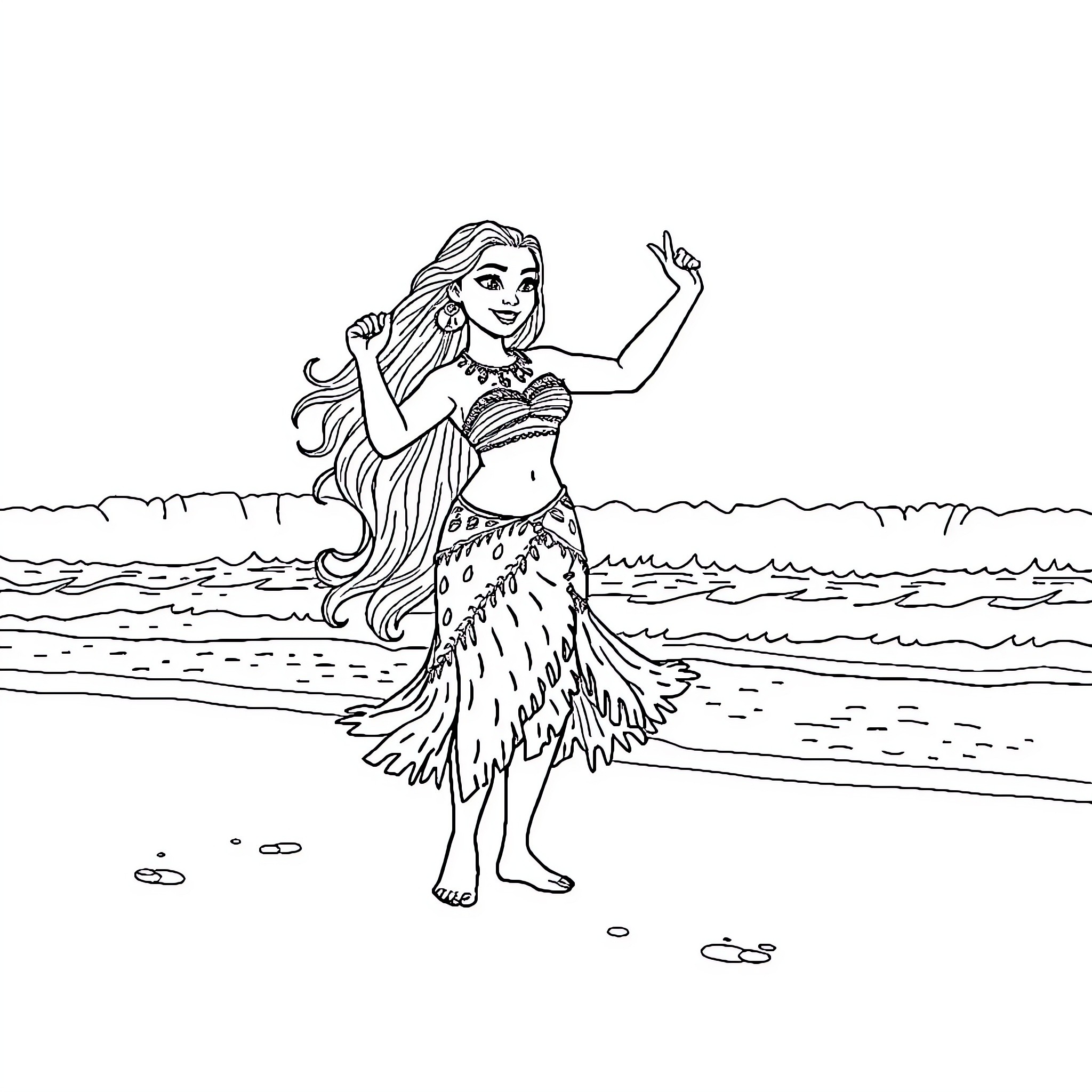 Moana dancing joyfully on the beach Coloring Page (free black-and-white line drawing printable PDF for all, from beginners to advanced learners, including children, teens, adults, and seniors)