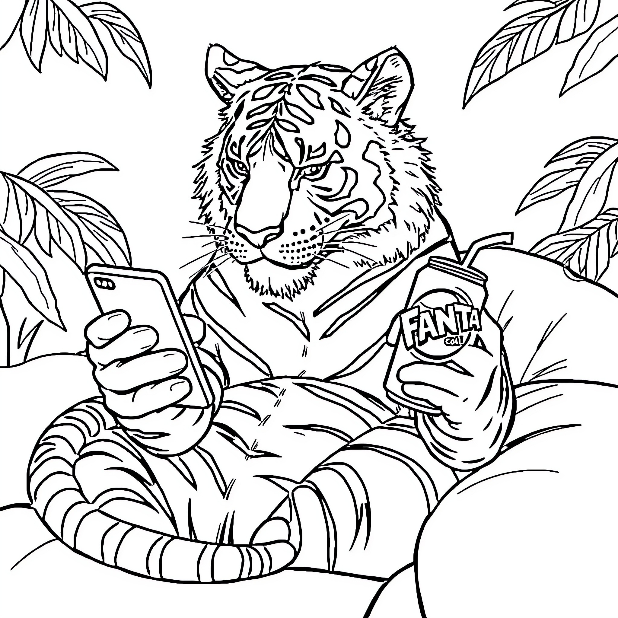 Tiger Taking Selfie with Fanta Drink Coloring Page (free black-and-white line drawing printable PDF for all, from beginners to advanced learners, including children, teens, adults, and seniors)