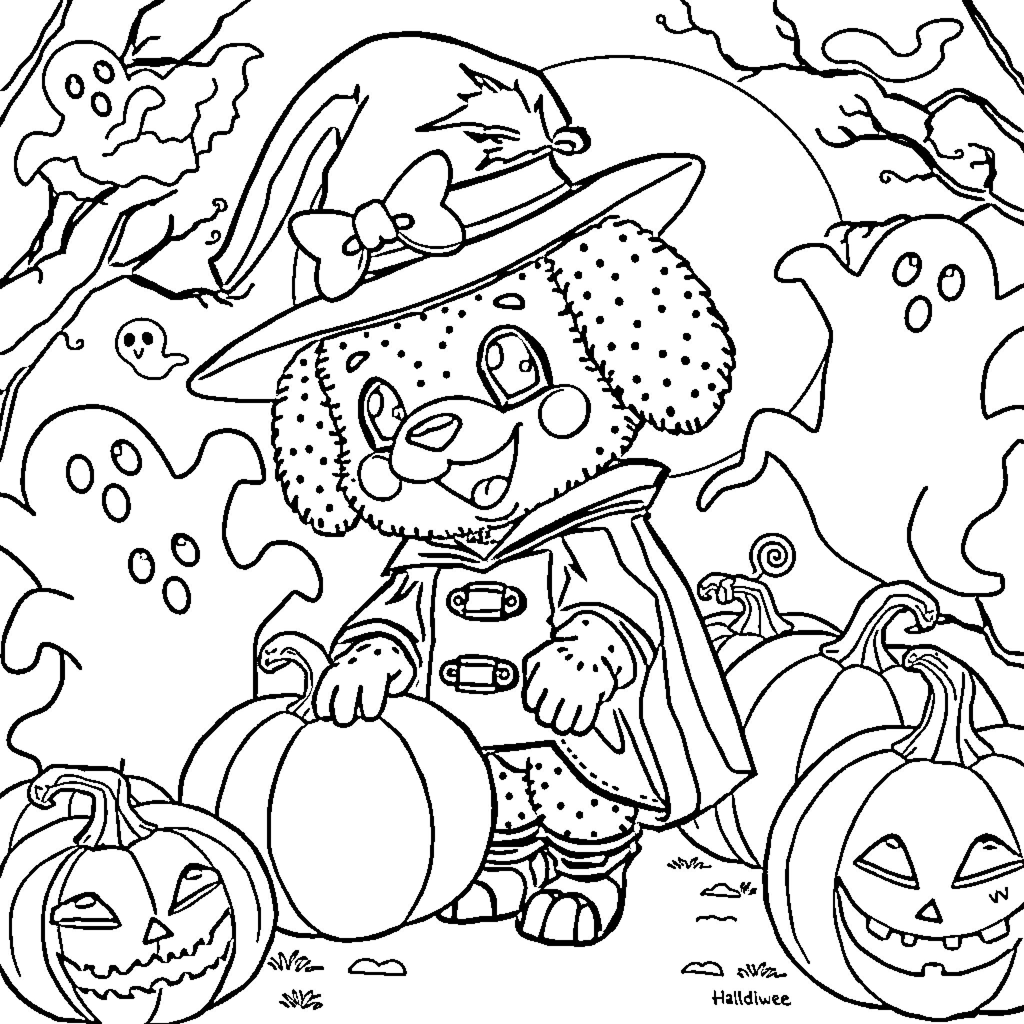 Labubu's Spooky Halloween Adventure Coloring Page (free black-and-white line drawing printable PDF for all, from beginners to advanced learners, including children, teens, adults, and seniors)