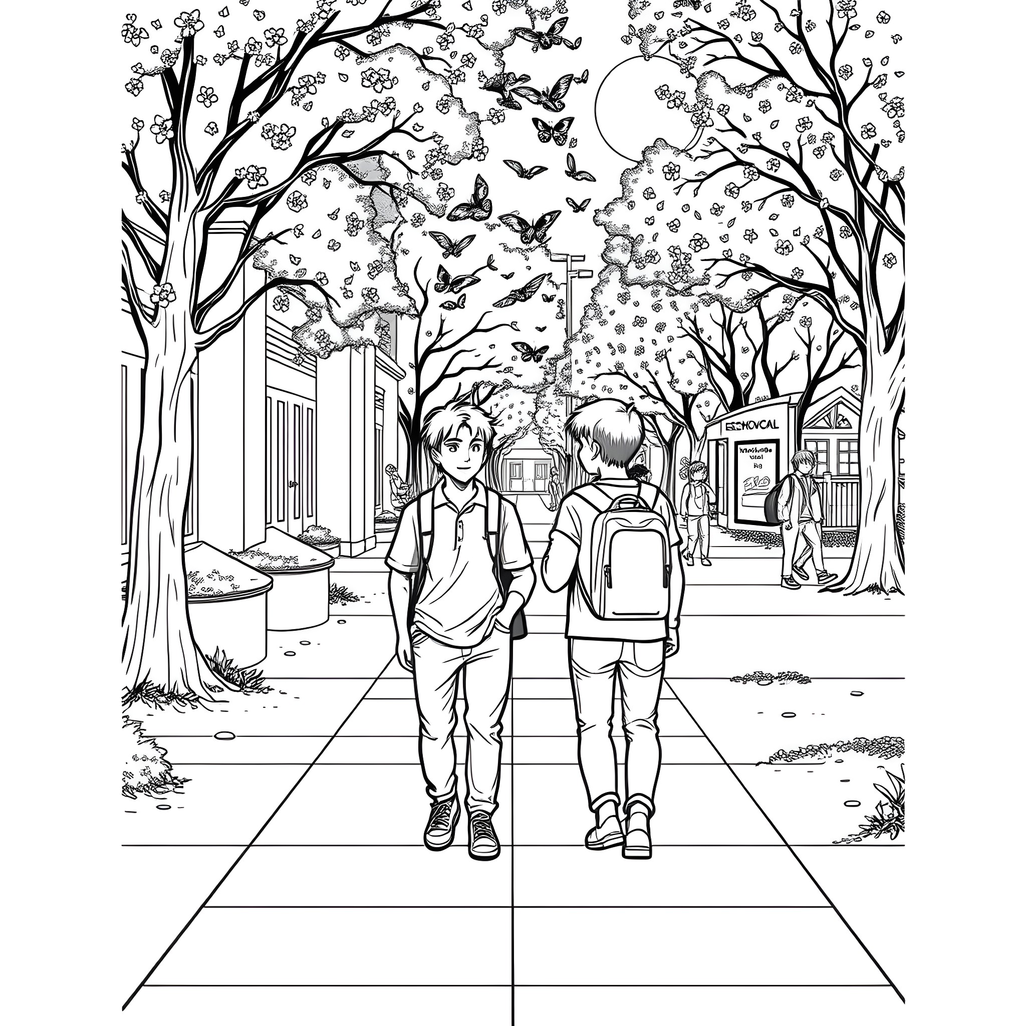 Teen Guys Walking Home from School on a Whimsical Autumn Day Coloring Page (free black-and-white line drawing printable PDF for all, from beginners to advanced learners, including children, teens, adults, and seniors)