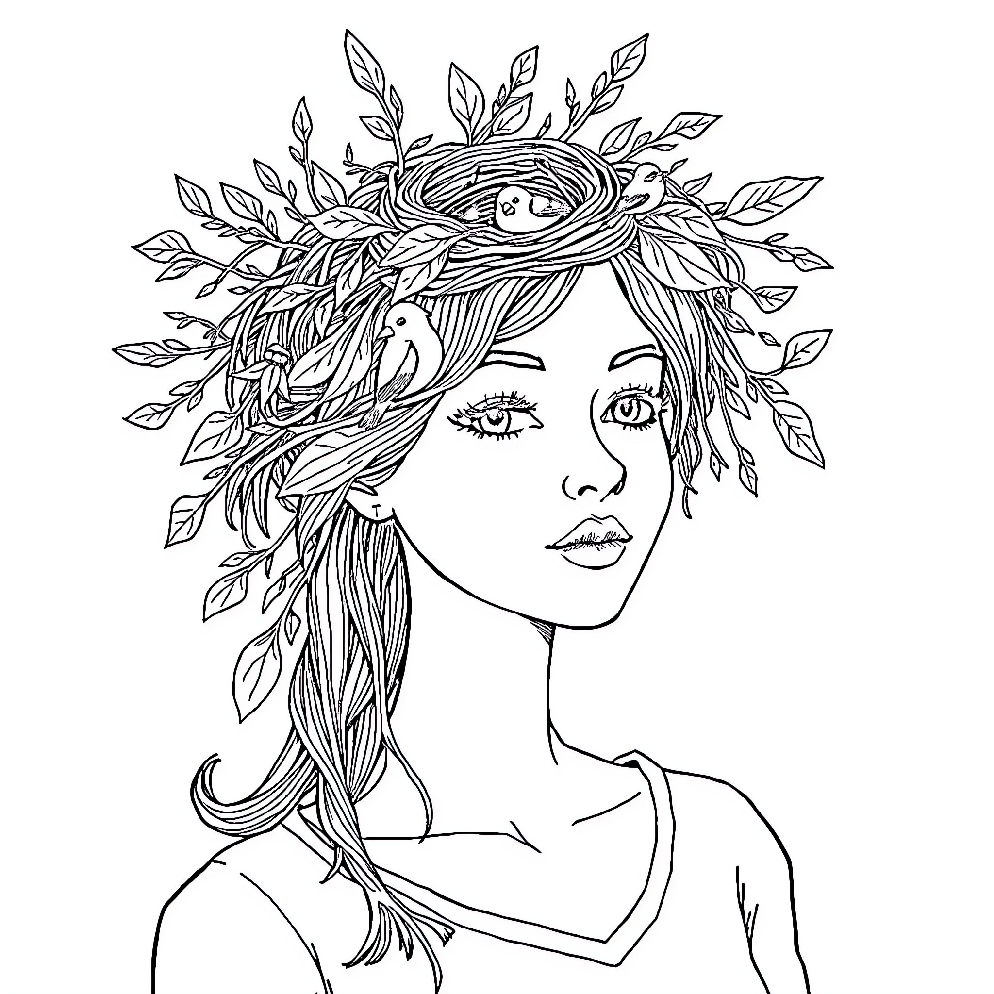 Woman with Floral Headdress and Striking Expression Coloring Page (free black-and-white line drawing printable PDF for all, from beginners to advanced learners, including children, teens, adults, and seniors)