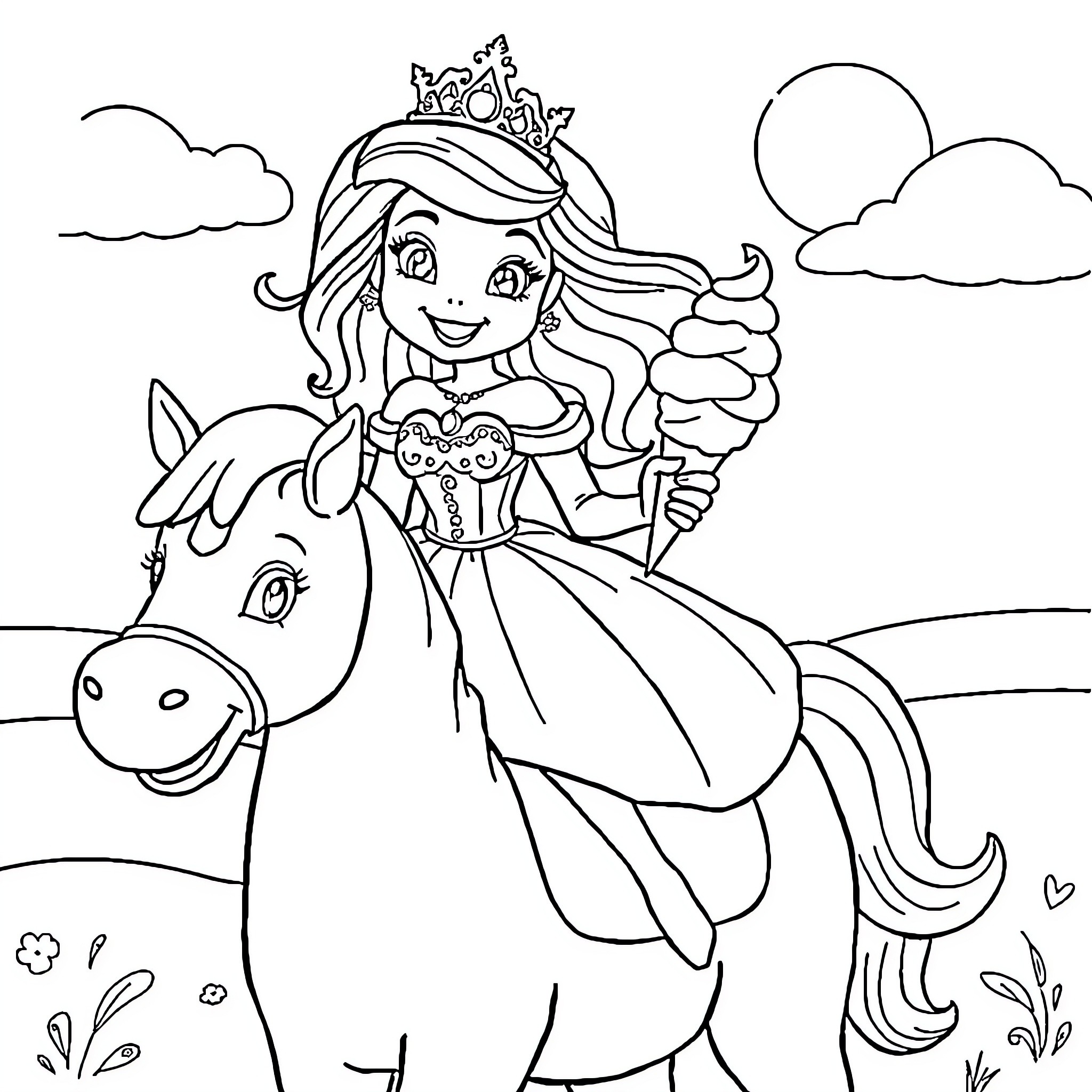 Princess Riding Majestic Horse in Scenic Landscape Coloring Page (free black-and-white line drawing printable PDF for all, from beginners to advanced learners, including children, teens, adults, and seniors)